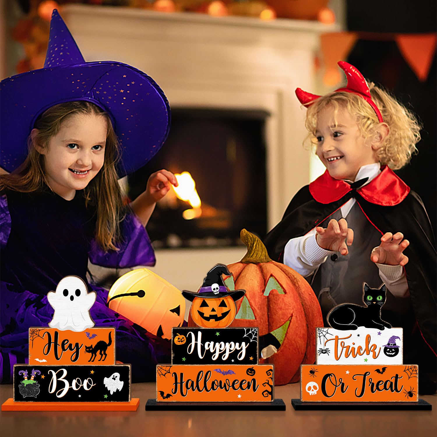 Halloween Table Signs Decorations, 3 PCS Ghost Pumpkin Bat Black Cat Wooden Table Decor, Boo Spooky Happy Halloween Rustic Signs