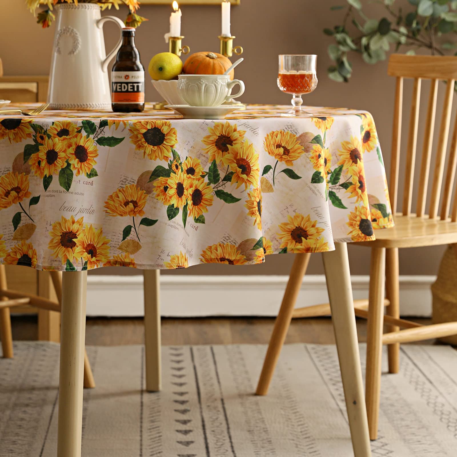 Joyfol Day Sunflower Tablecloth,Orange Floral Table Cloth For Round Tables,Waterproof Resistant Flower Table Cover For Kitchen D