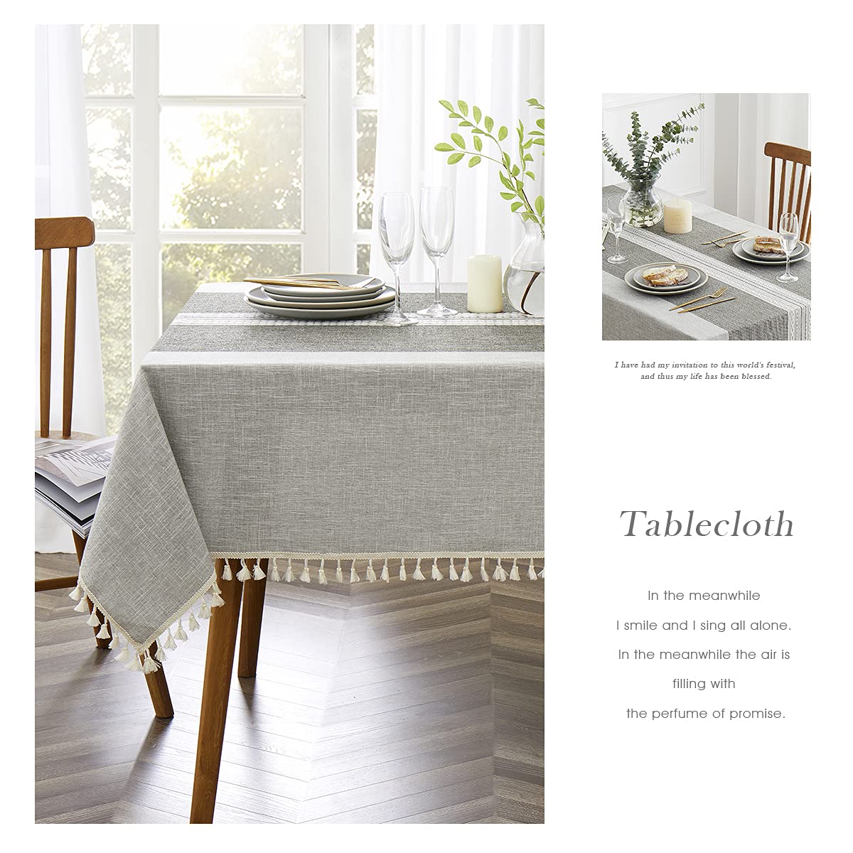 Qianquhui Embroidered Tablecloth For Dining Table,Dust Proof Spillproof Soil Resistant Cotton Linen Rectangle Table Cloths (Grey