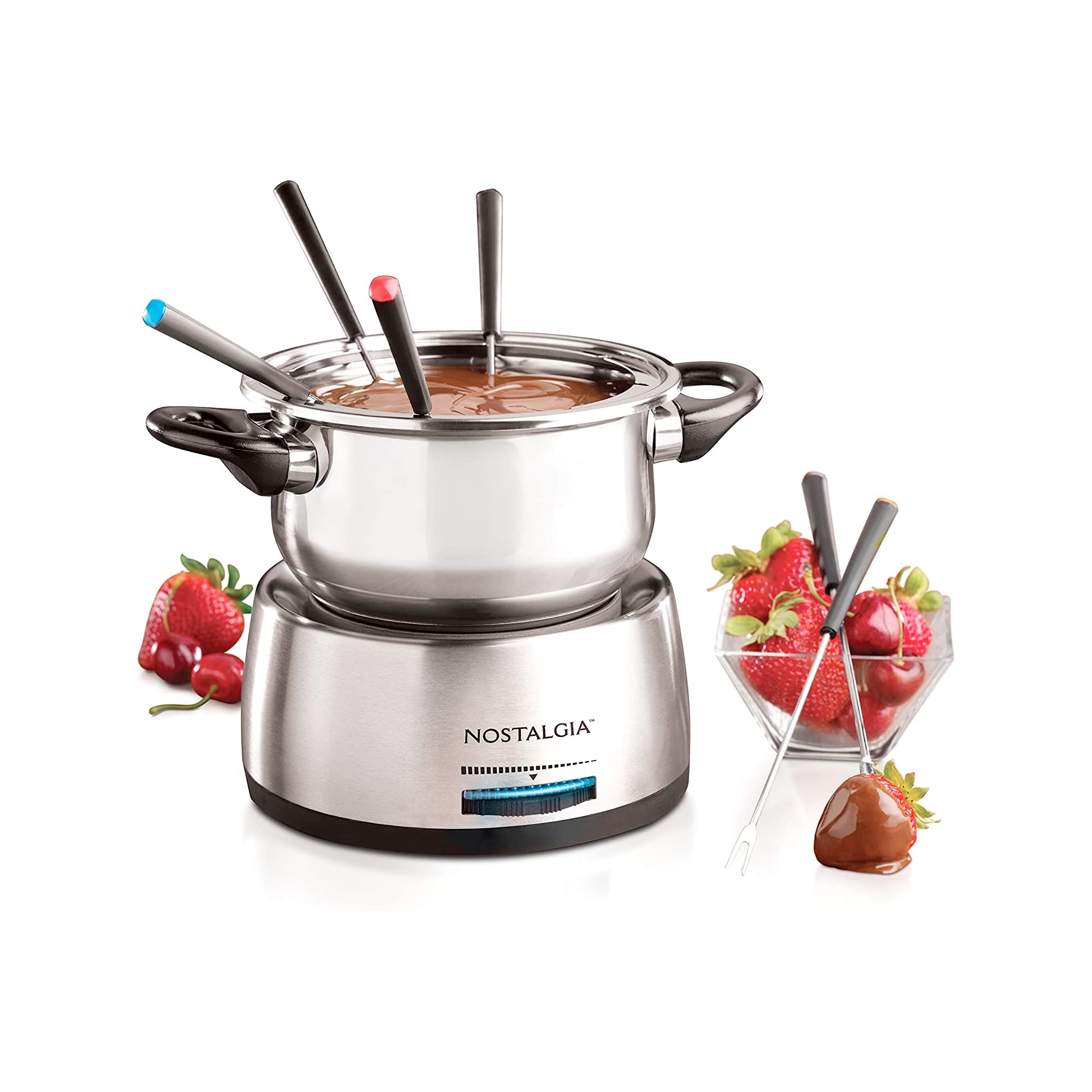 Nostalgia 6-Cup Electric Fondue Pot Set For Cheese & Chocolate - 6 Color-Coded Forks, Temperature Control - Stainless Steel Kitc