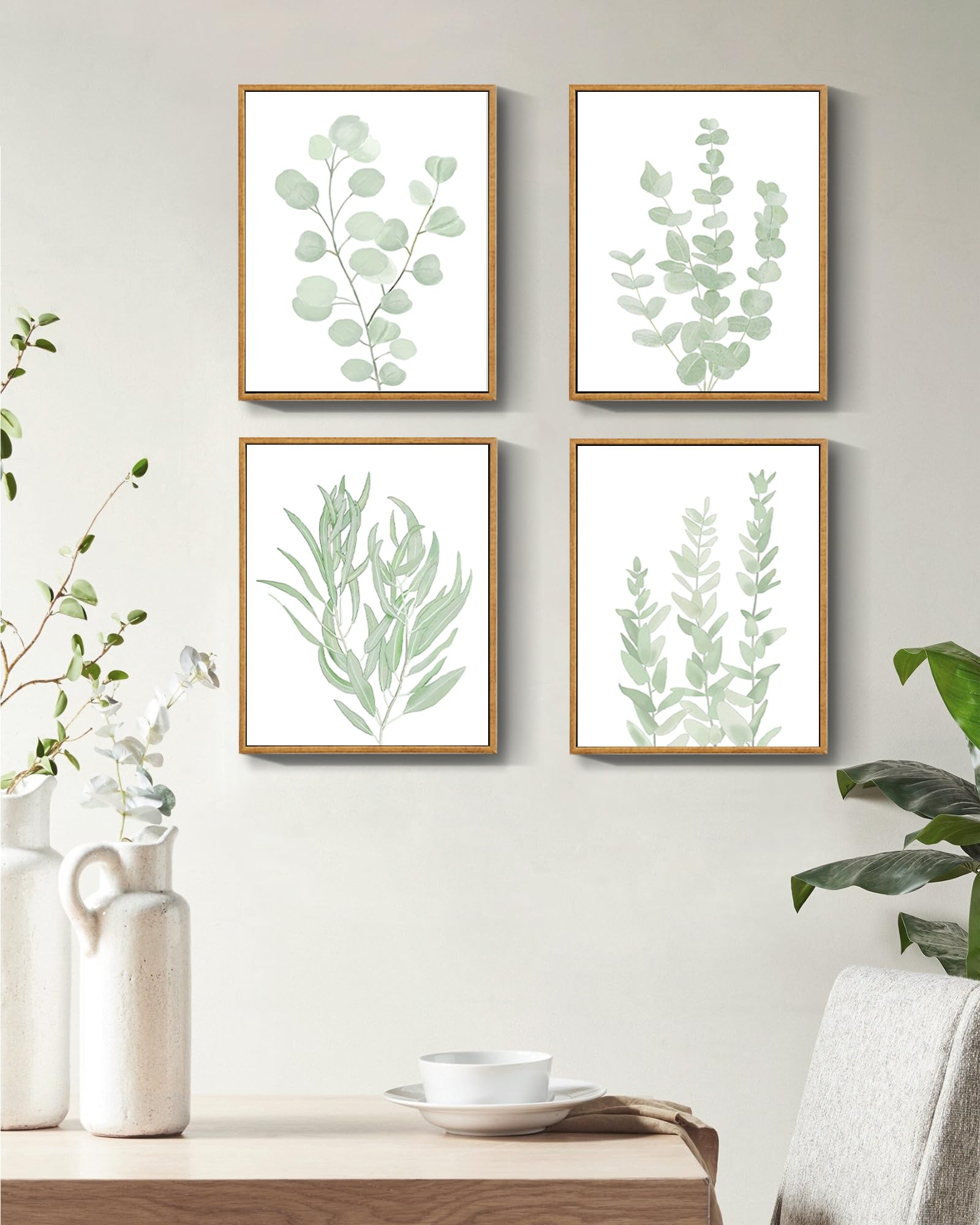 Drsoum Framed Botanical Plant Canvas Wood Wall Art Light Green Sage Wall Decor Eucalyptus Leaf Picture For Bedroom Living Room B