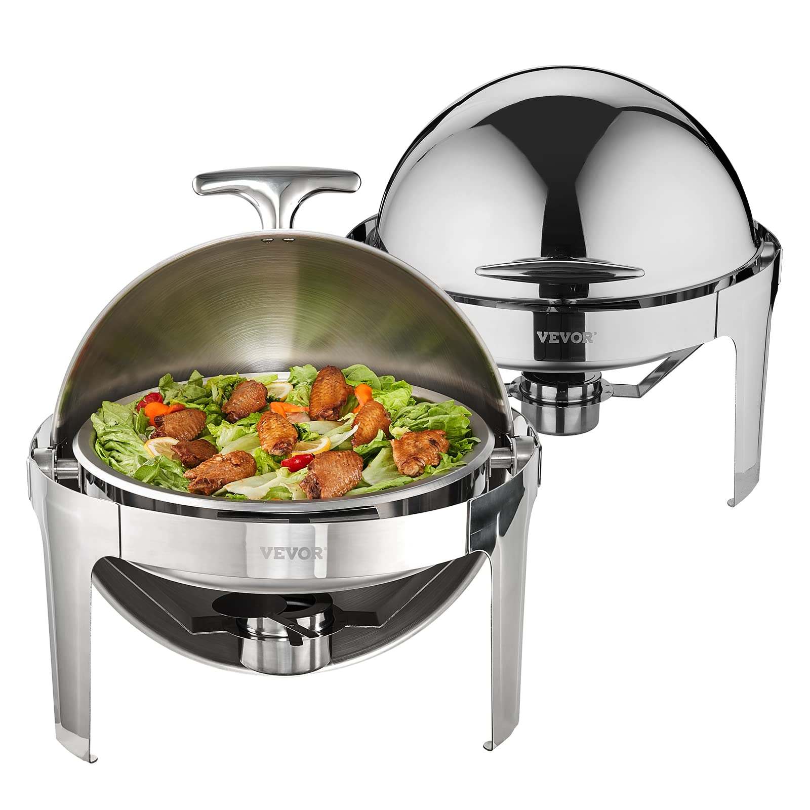 VEVOR Roll Top Chafing Dish Buffet Set, 6 Qt 2 Pack, Stainless Steel Chafer with 2 Full Size Pans, Round Catering Warmer Server 