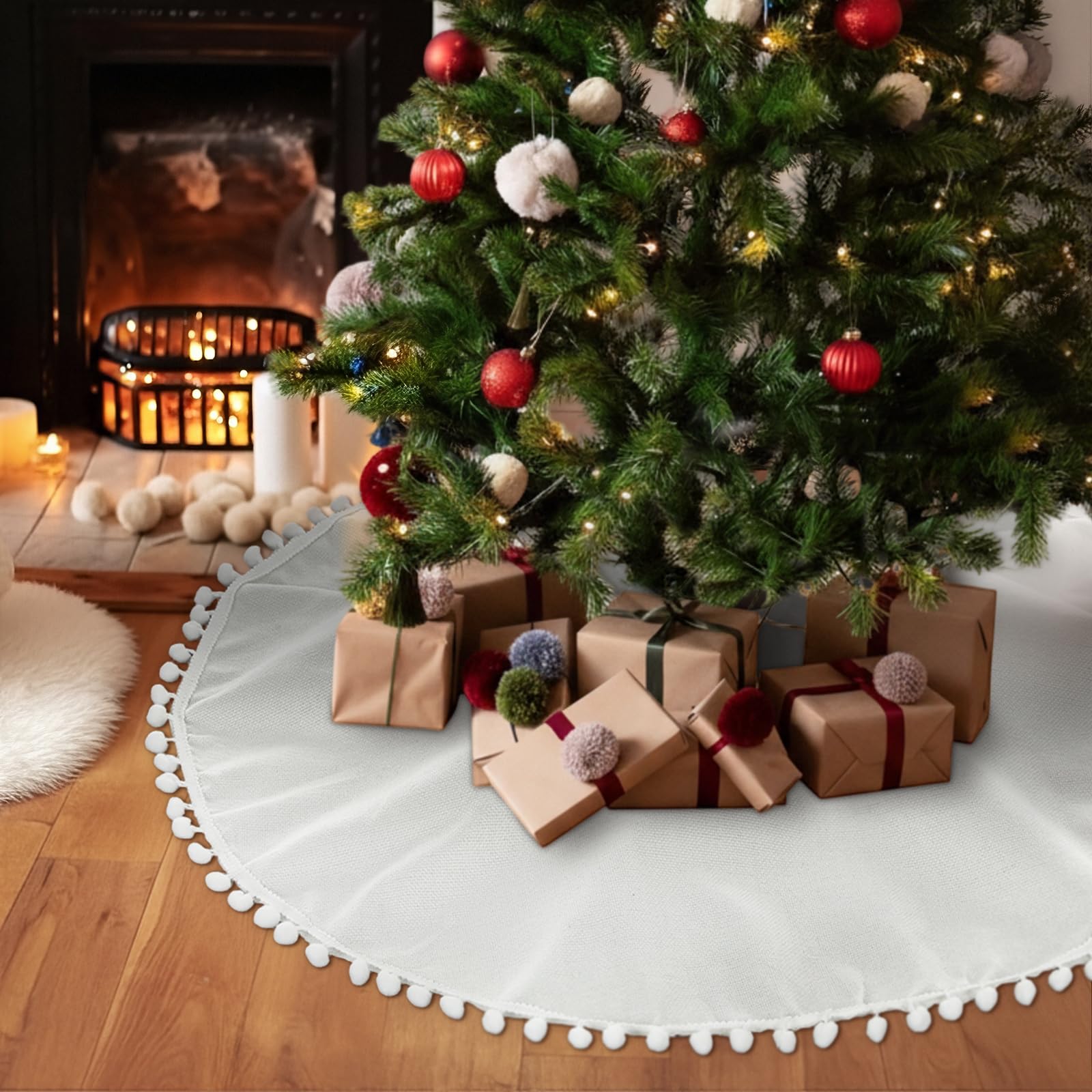 Syhood 30 Inch Christmas Tree Skirt White Xmas Linen Burlap Tree Skirt Base Cover with Pom Trim for Xmas Winter Home Decorations