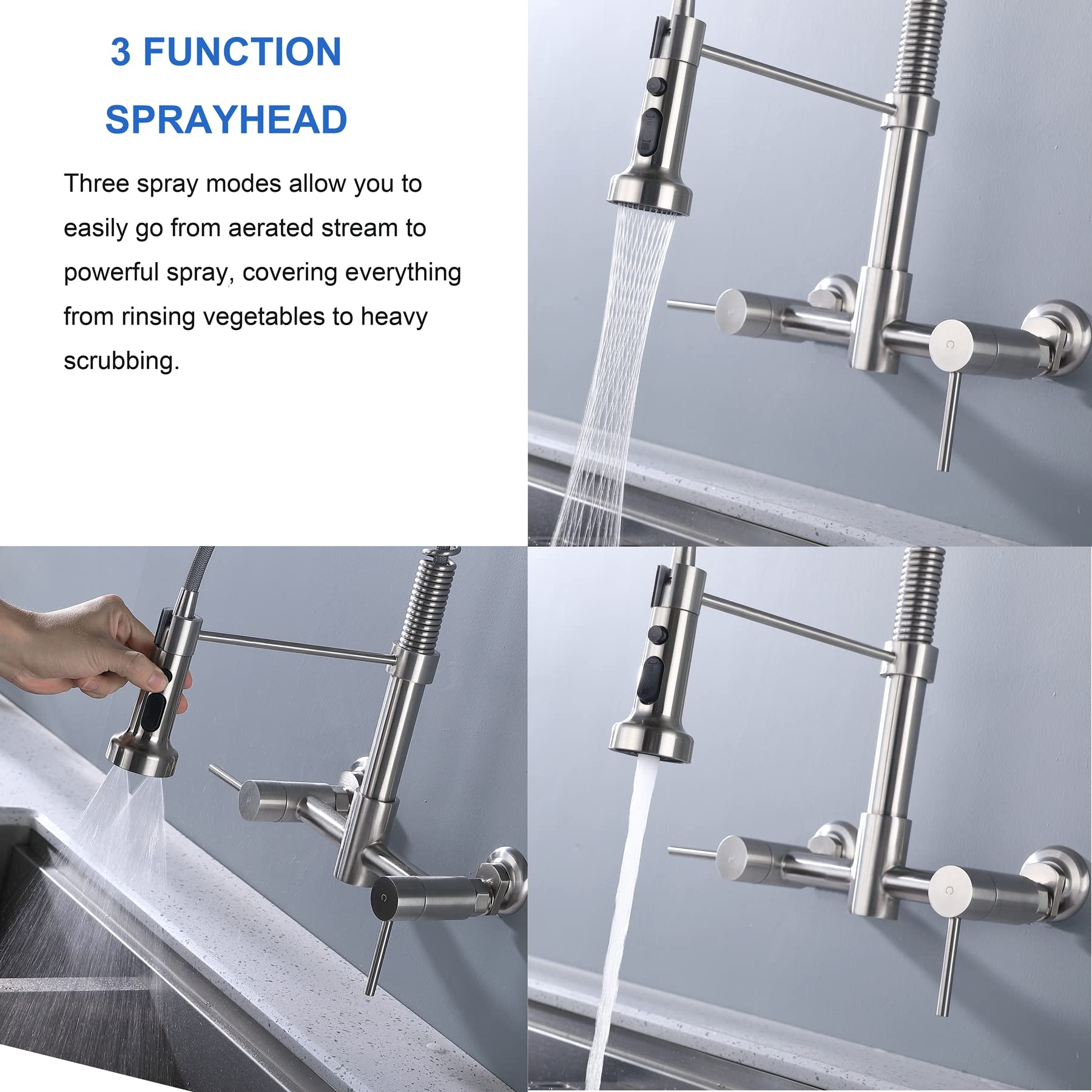 Fonveth 8 Inch Center Wall Mount Kitchen Faucet, Matt Black, Pull Down Sprayer, Commercial Style, 1.8 Gallons Per Minute