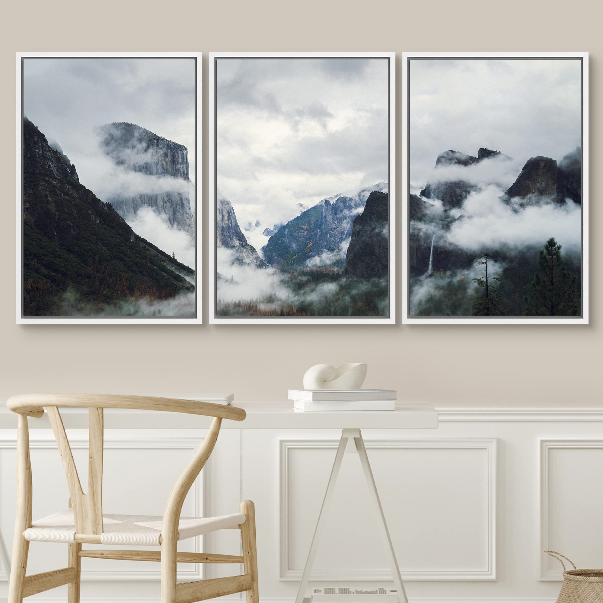 SIGNWIN 3 Piece Framed Canvas Wall Art Foggy Mountains Canvas Prints Home Artwork Decoration for Living Room Bedroom - 24''x36''x3 White