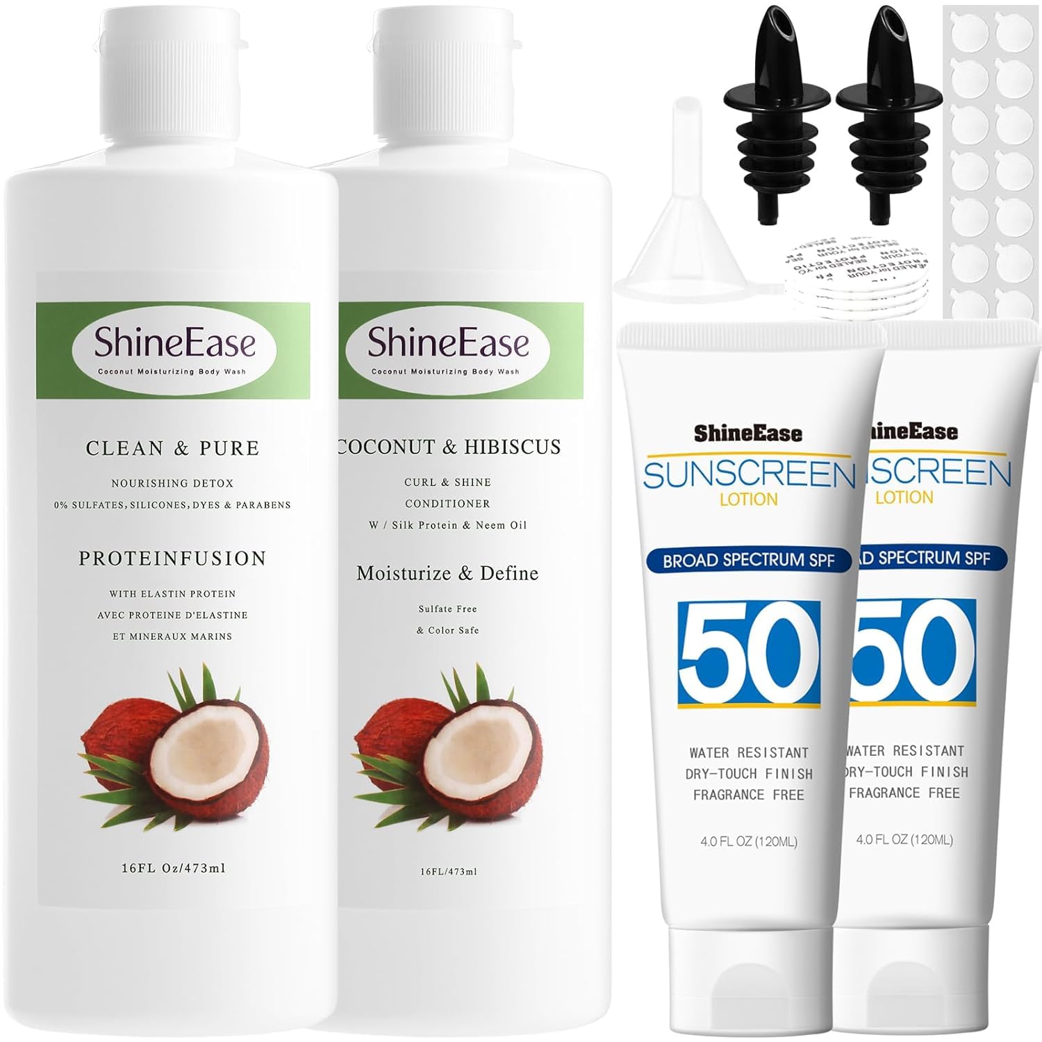 CASW Empty Shampoo & Sunscreen Bottles Set (40oz Total)  Checked Luggage Friendly, EasyFill Travel Containers with Funnel & Sp