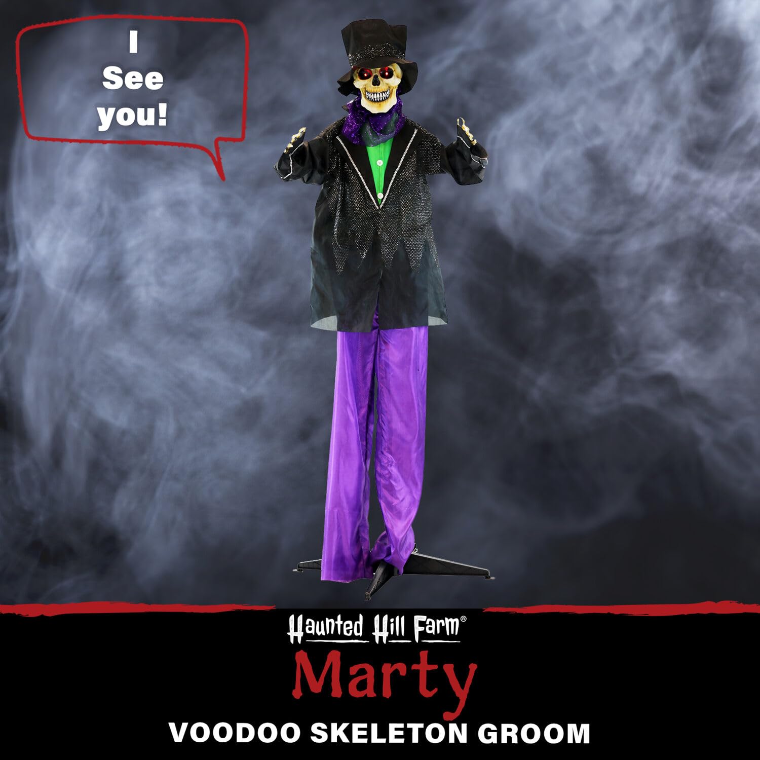 Haunted Hill Farm 5-Ft. Marty Voodoo Skeleton Groom, Animatronic With Red LED Eyes, Touch-Activated Talking Prop, Battery Operat
