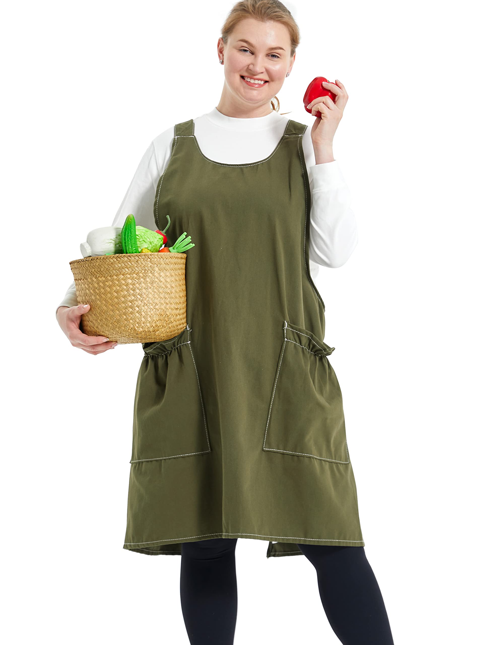 APRONNER Cross Back Plus Size Linen Aprons for Women with Pockets Blend Dress for Baking Cooking Gardening Works Forest Green