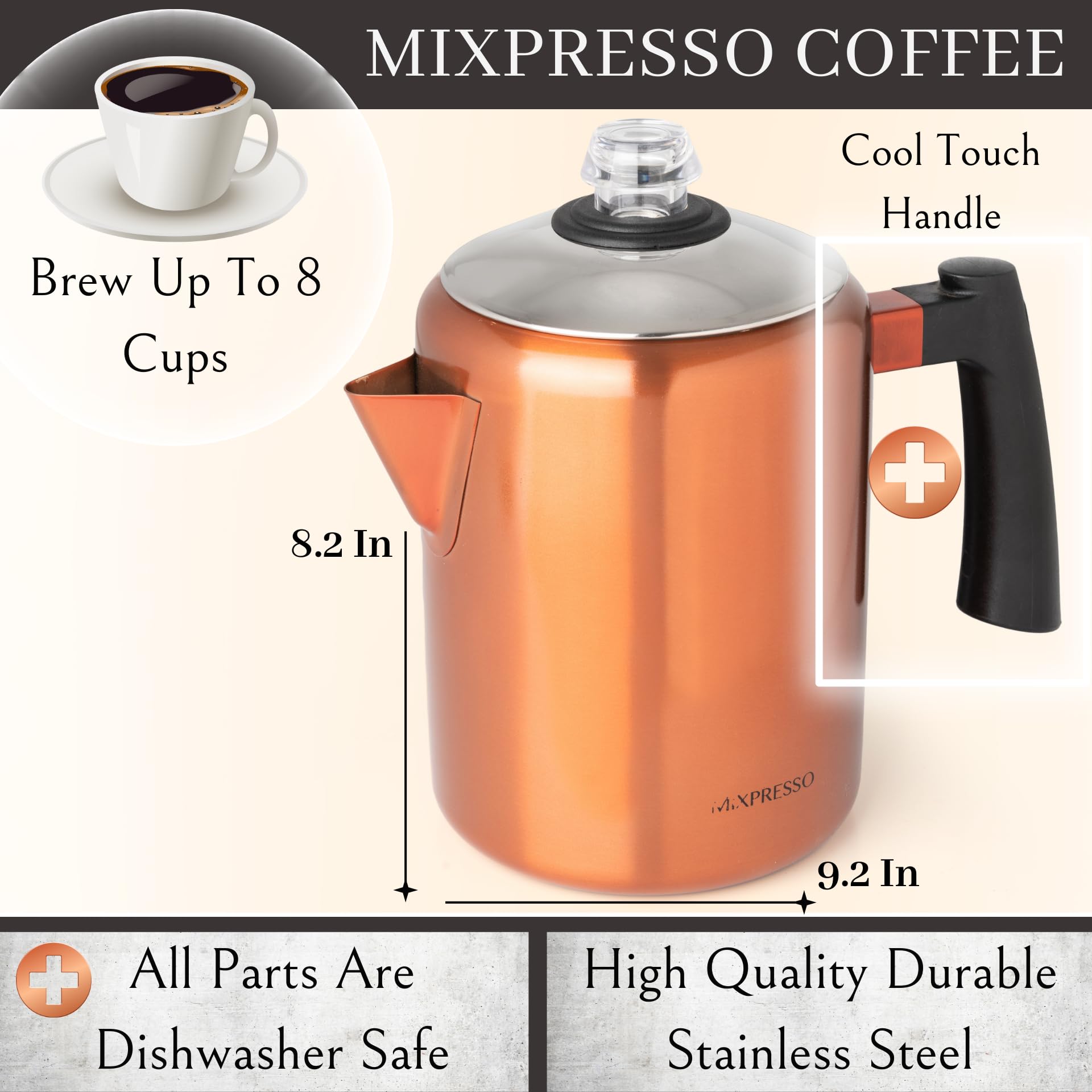 Mixpresso Stainless Steel Stovetop Coffee Percolator, Percolator Coffee Pot, Excellent For Camping Coffee Pot, 5-8 Cup Copper Co