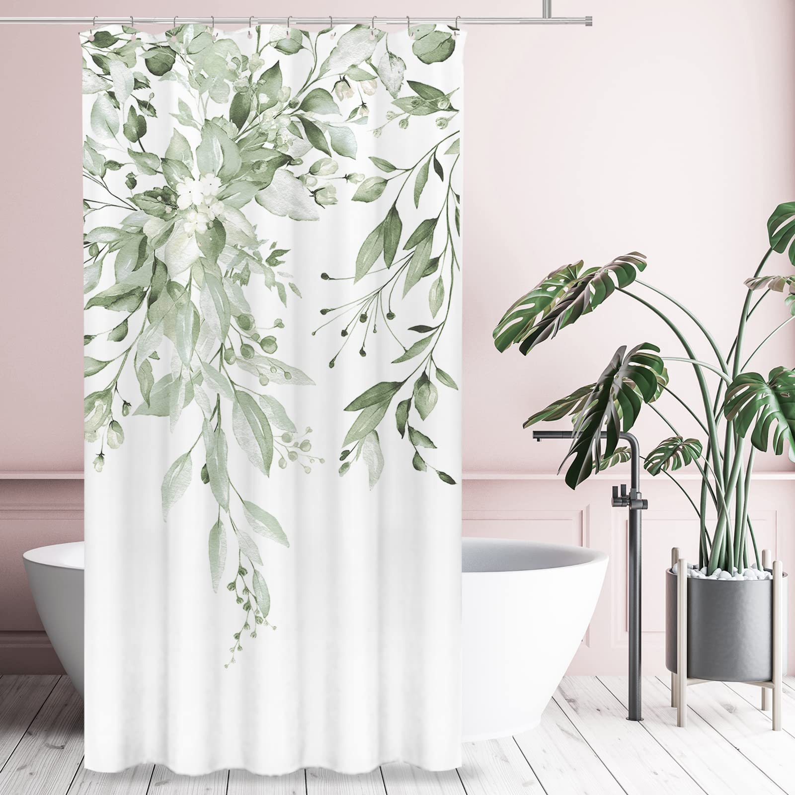 Tititex Lime Light Green Eucalyptus Shower Curtain Sets, Watercolor Leaves On The Top Plant With Floral Bathroom Decoration 36X7