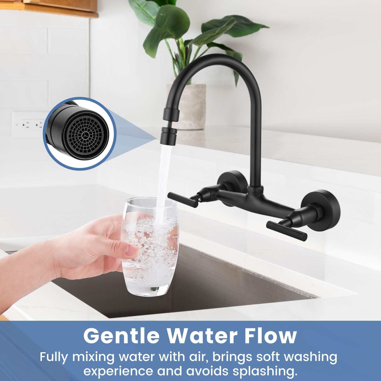 Airuida Wall Mount Kitchen Sink Faucet Matte Black Wall Mounted Kitchen Faucets 8 Inch Center Double Handles 360 Degree Swivel S