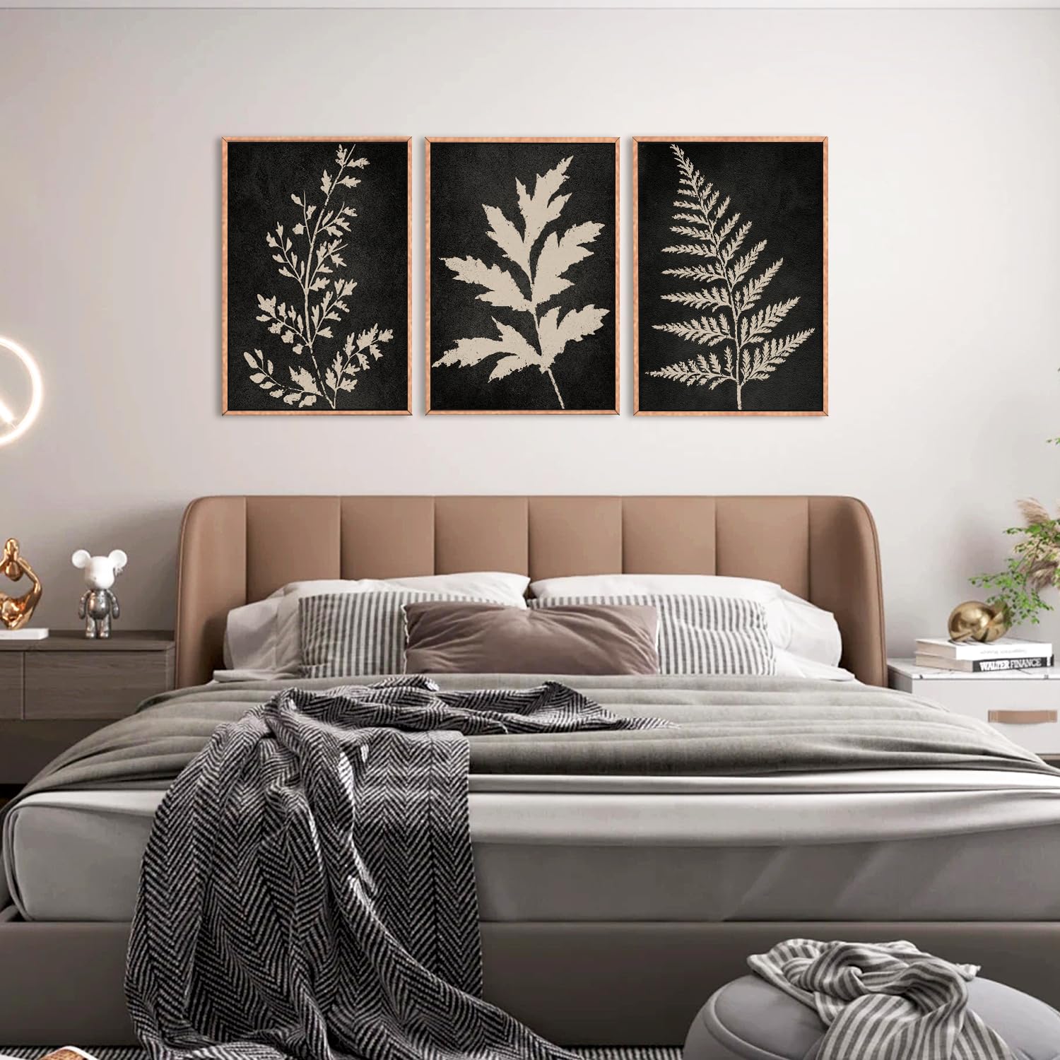 Ausril Black Tan Fern Leaf Framed Canvas Wall Art Set, Minimalist Botanical Wall Decor, Nature Fern Plant Silhouette Wall Painti