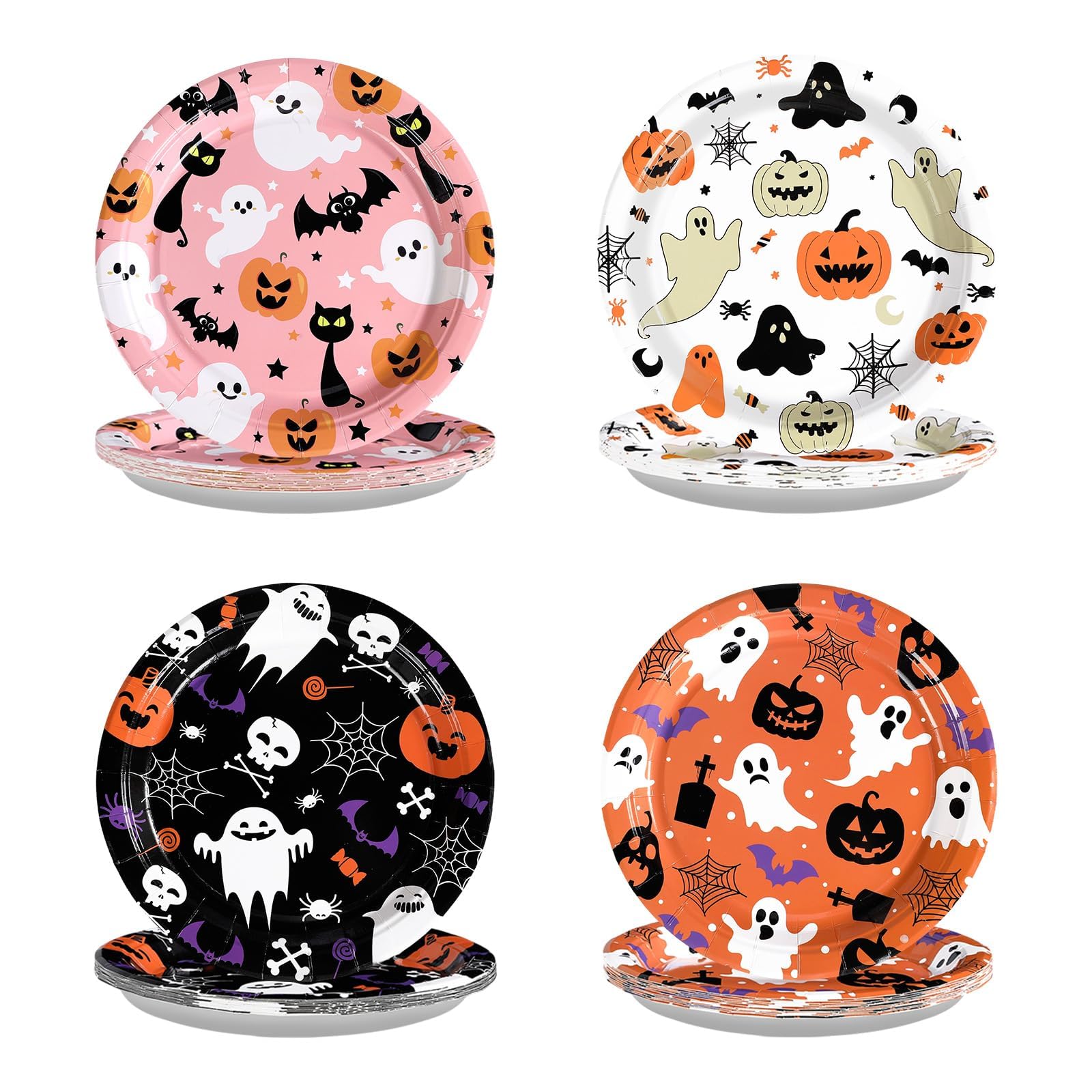 Grencian 60Pcs Halloween Ghost Paper Plates 9    Disposable Heavy Duty Orange Pink Black Ghost Paper Plates Pumpkin Dessert Plat