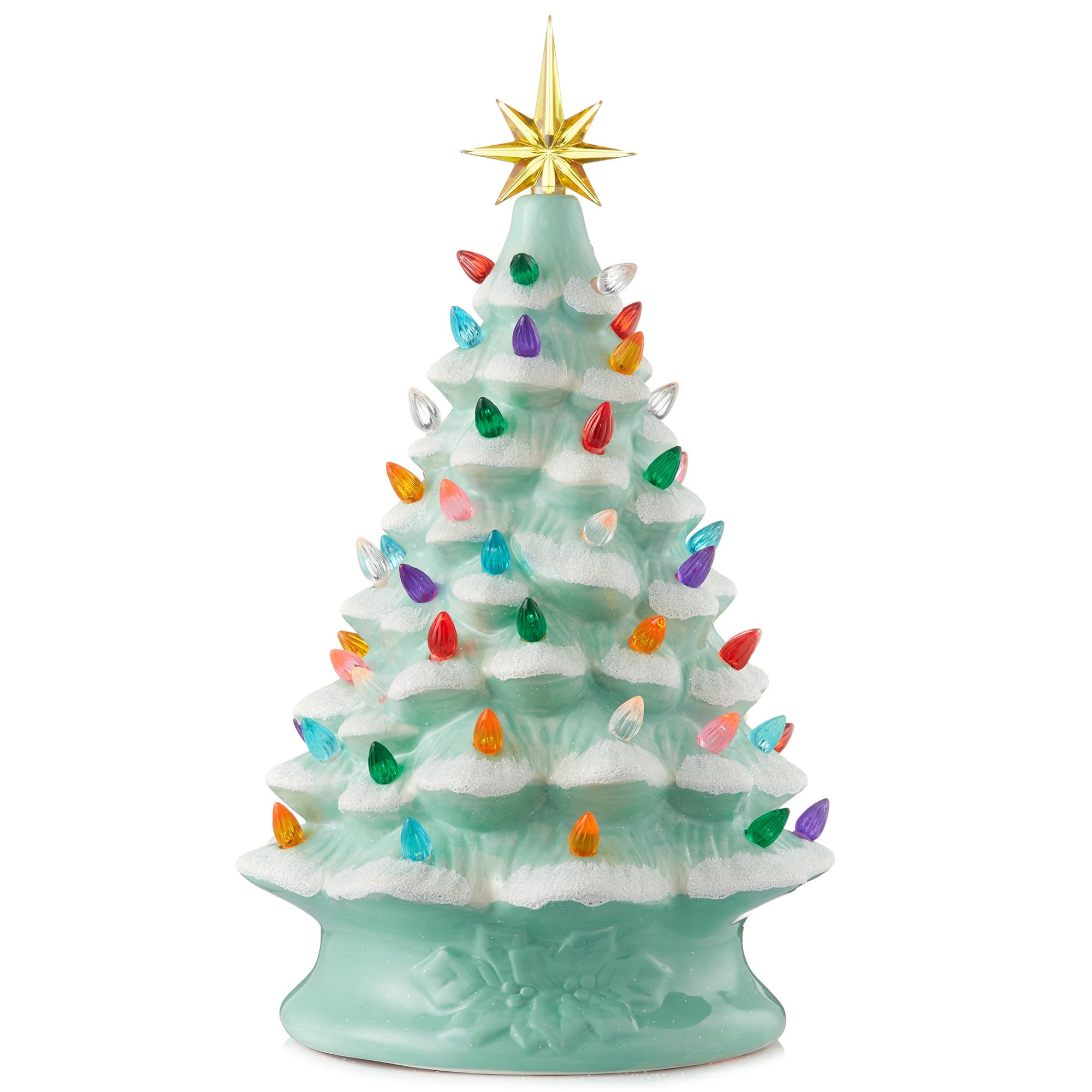 Casafield Hand Painted Ceramic Christmas Tree, Seafoam Green Snow Flocked 15-Inch Pre-Lit Tree with 128 Multi Color Lights and 2