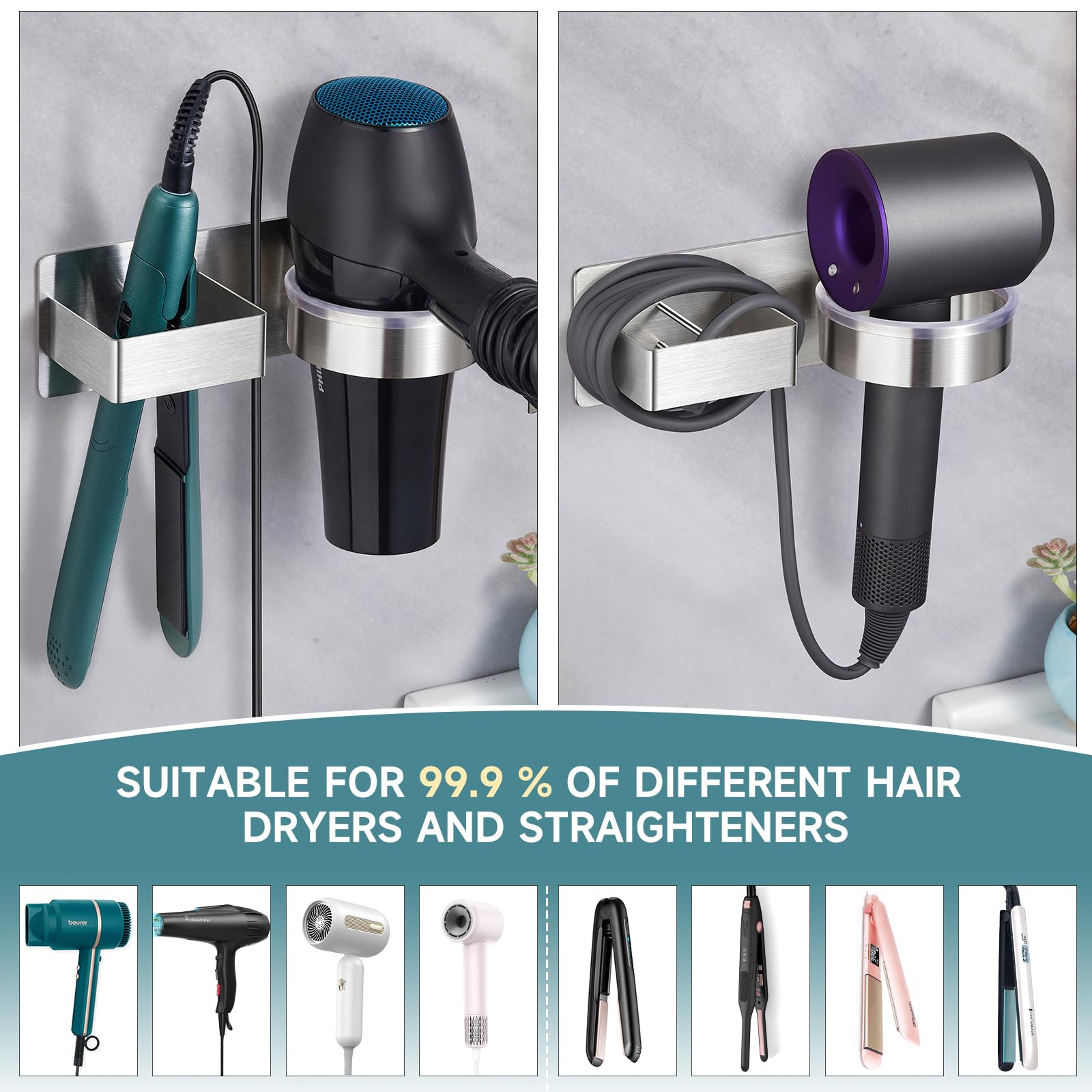 Oukimly Hair Dryer Holder - Wall Mounted Stainless Steel Organizer in Silver for Flat Iron, Curling Iron, and Hairdryer