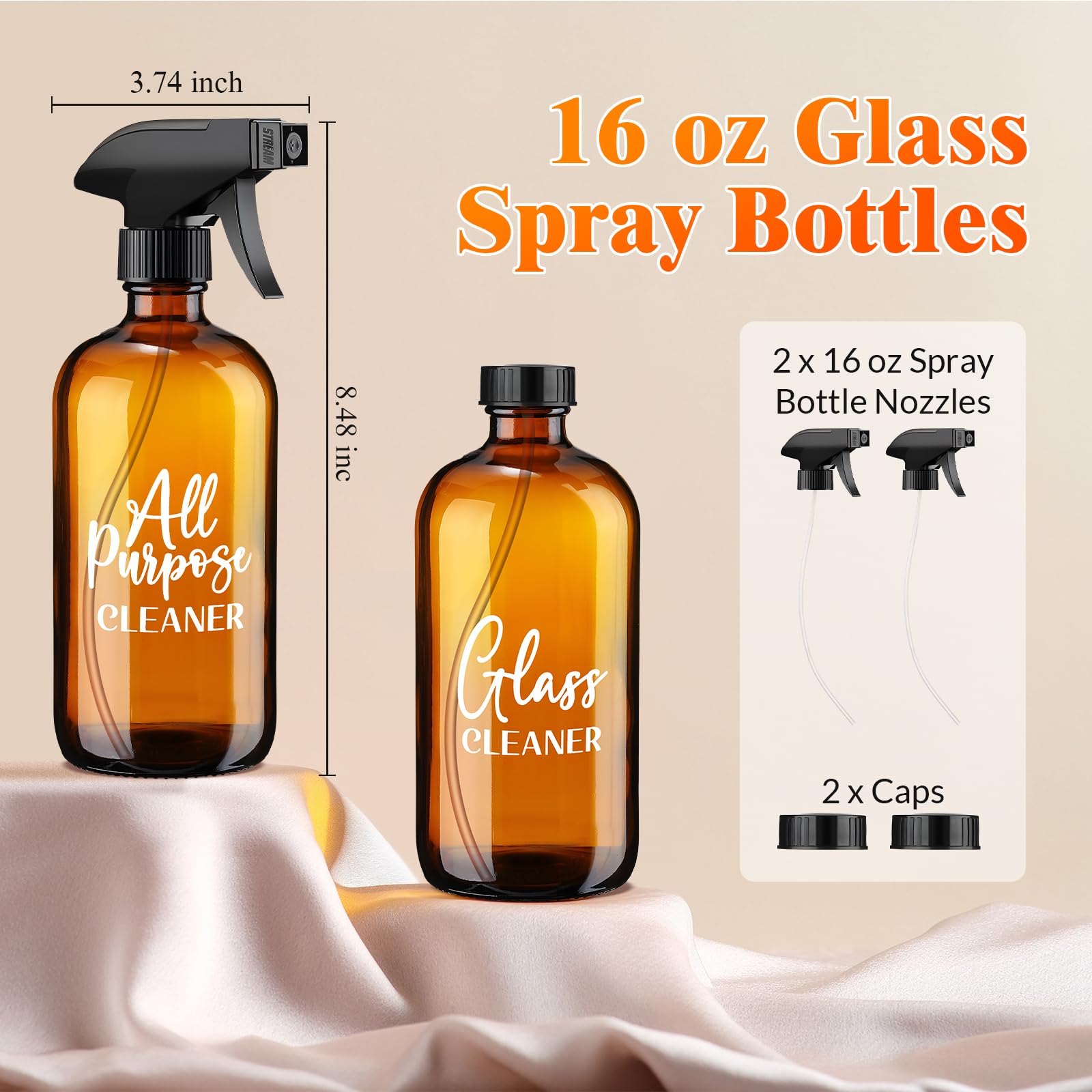 Tioncy Empty Amber Glass Spray Bottles With Labels 2 Pack Large 16Oz Refillable Bottle For Essential Oils Plants Cleaning Soluti