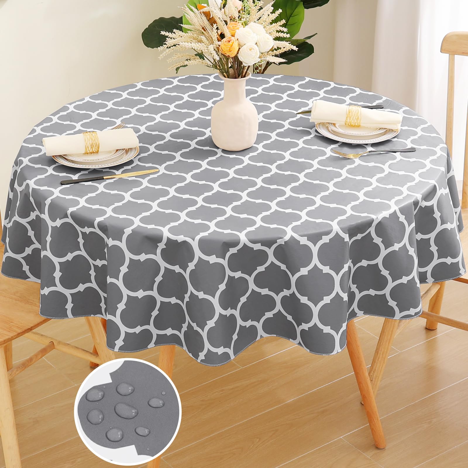 Smiry Round Plastic Table Cloth, Waterproof Vinyl Tablecloth With Flannel Backing For Round Tables, Wipeable & Spillproof For Di