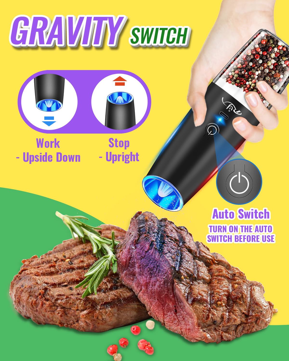 Rongyuxuan Upgraded Rechargeable Gravity Electric Salt And Pepper Grinder Set With Led Lights,Stainless Steel Automatic Pepper O