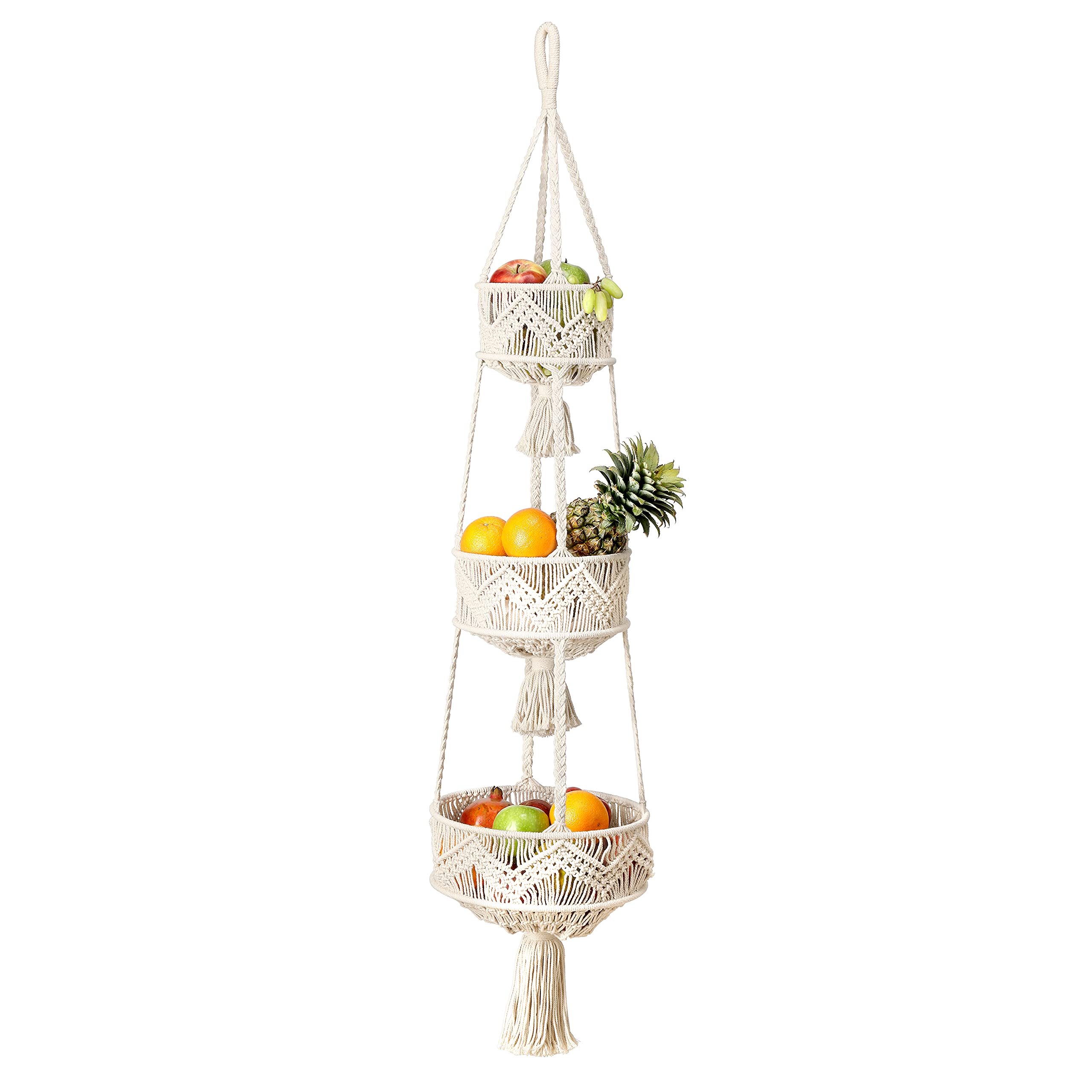 Folkulture 3 Tier Hanging Fruit Basket For Kitchen, Macrame Hanging Basket For Fruit And Vegetable Storage, Boho Wall Baskets Fo