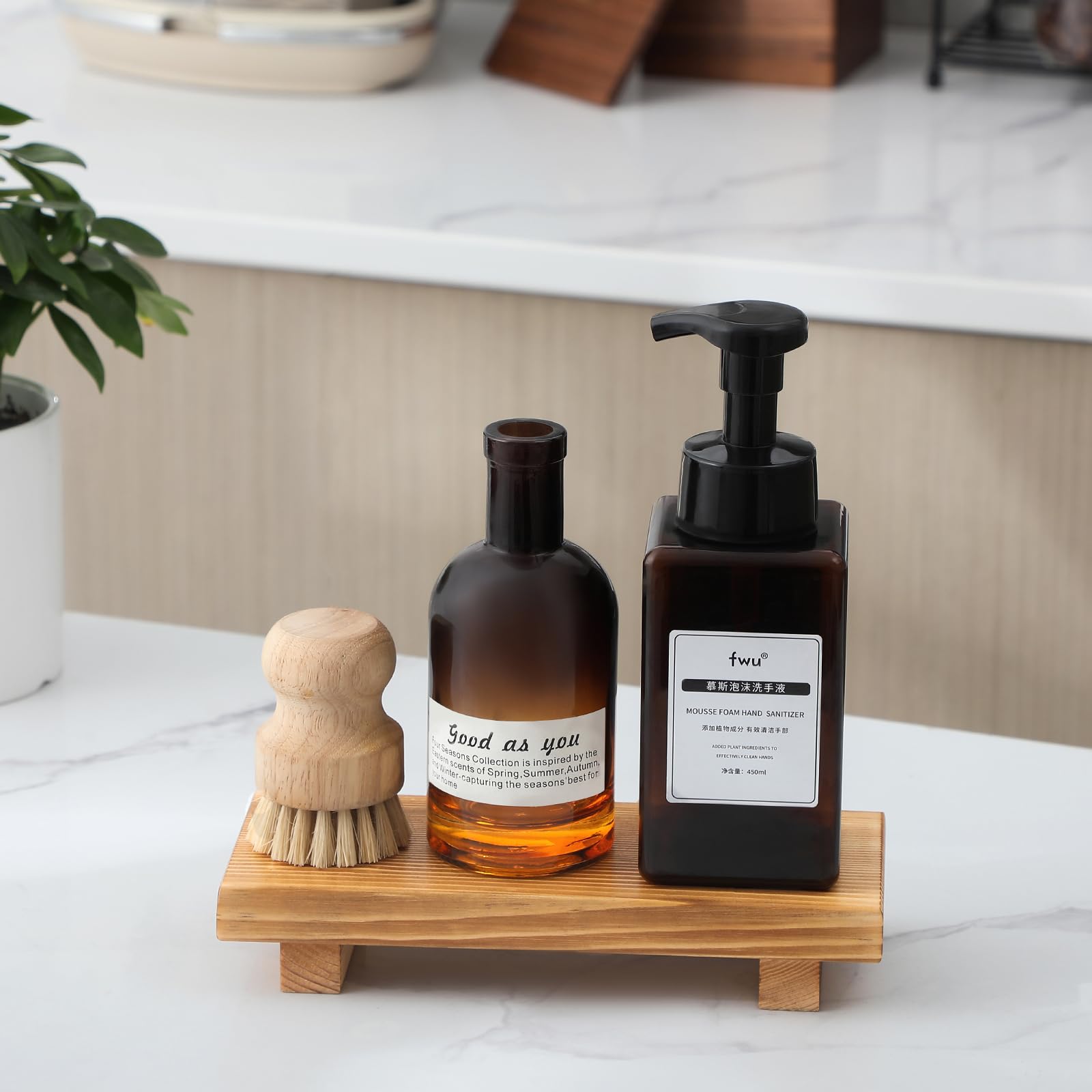 Bathroom Counter Organizer Wood Pedestal Stand Farmhouse Decorative Tray Soap Holder For Kitchen Decor, Small, Brown