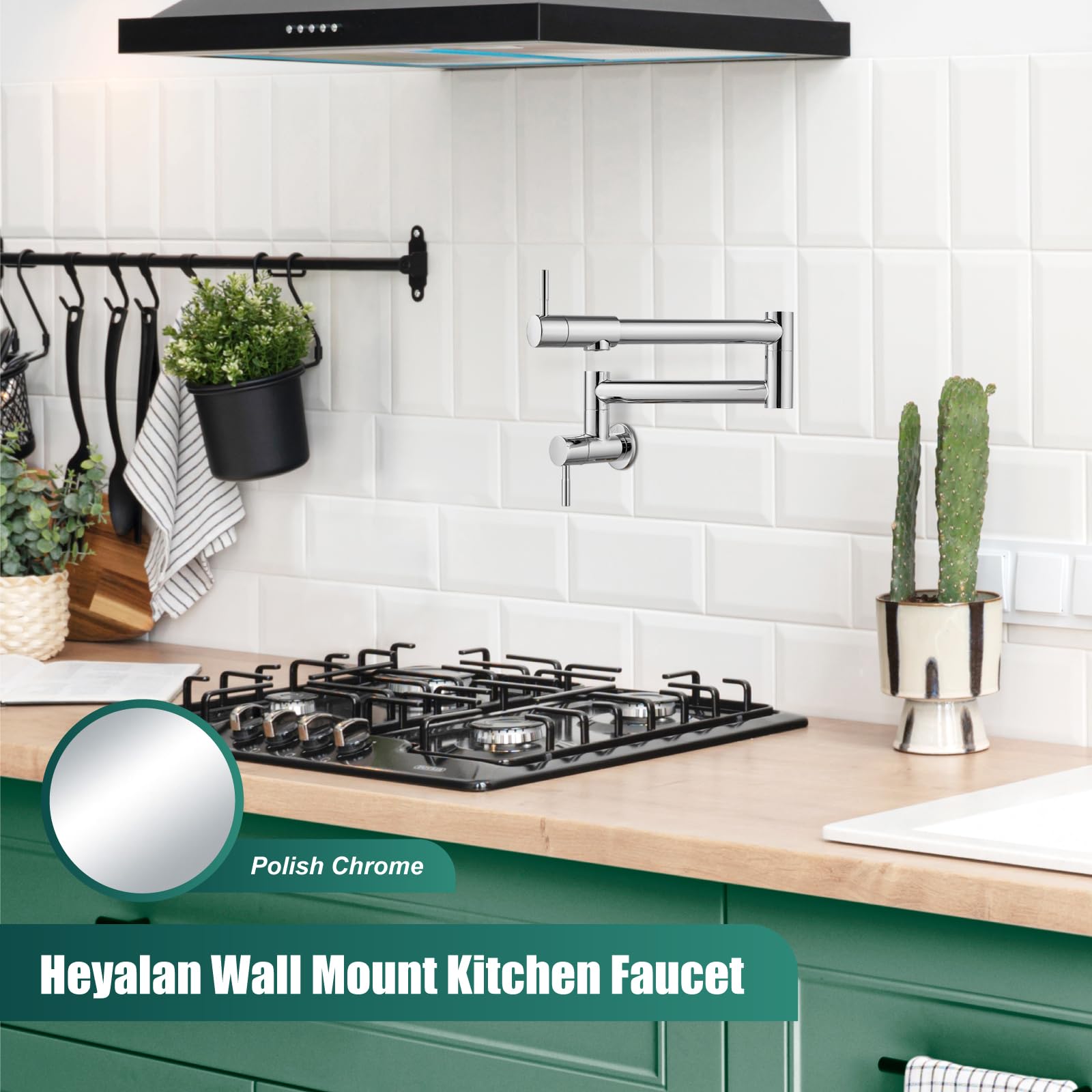 Heyalan Kitchen Restaurant Faucet Polished Chrome 19 Inch Wall Mounted Folding Stretchable Double Joint Swing Arm Single Hole Two Handles Commercial NPT Stainless Steel Pot Filler