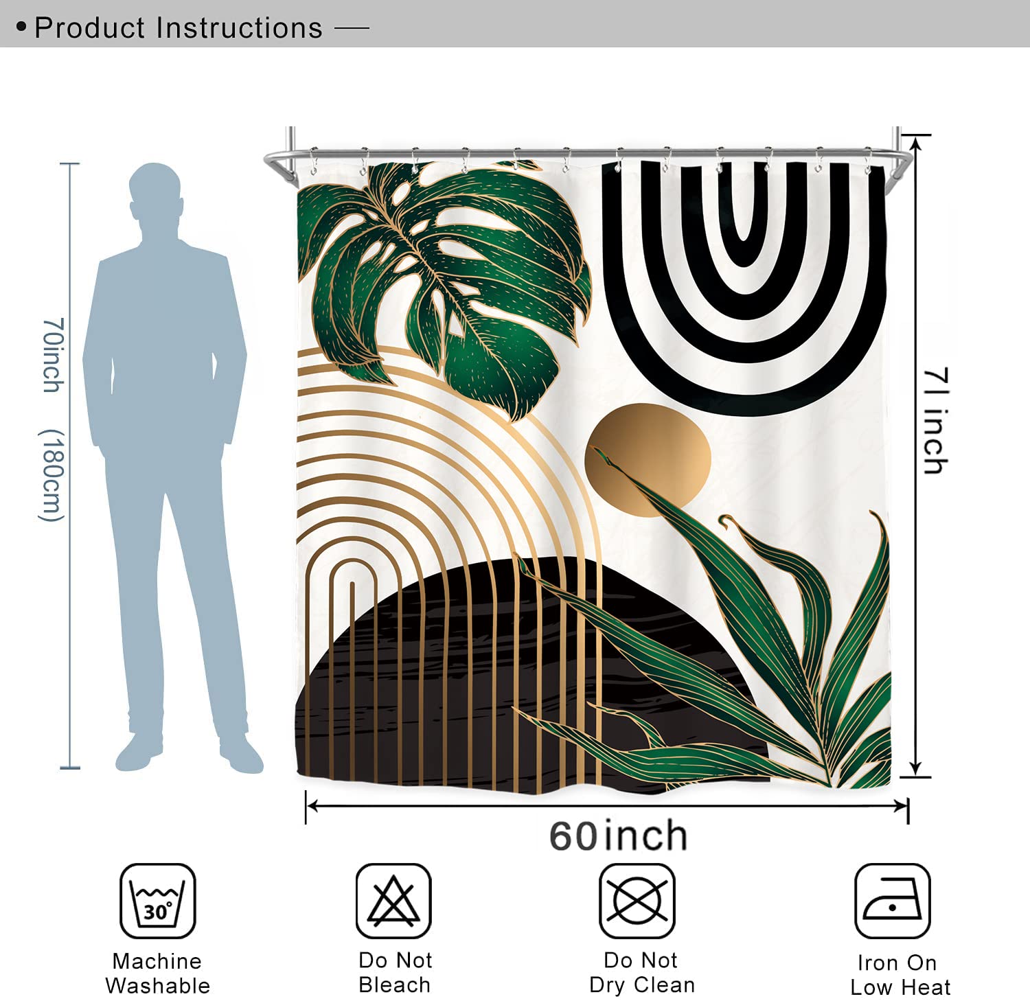 Miyotaa Abstract Emerald Green Shower Curtain Set 60Wx71H Inches Mid Century Minimalist Modern Tropical Leaves Geometric Contemp