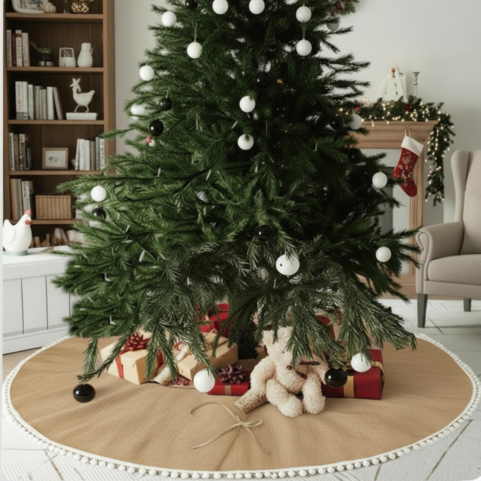 Syhood 60 Inch Large Christmas Tree Skirt Christmas Fall Linen Burlap Tree Skirt Base Cover with Pom Trim for Xmas Winter Home D