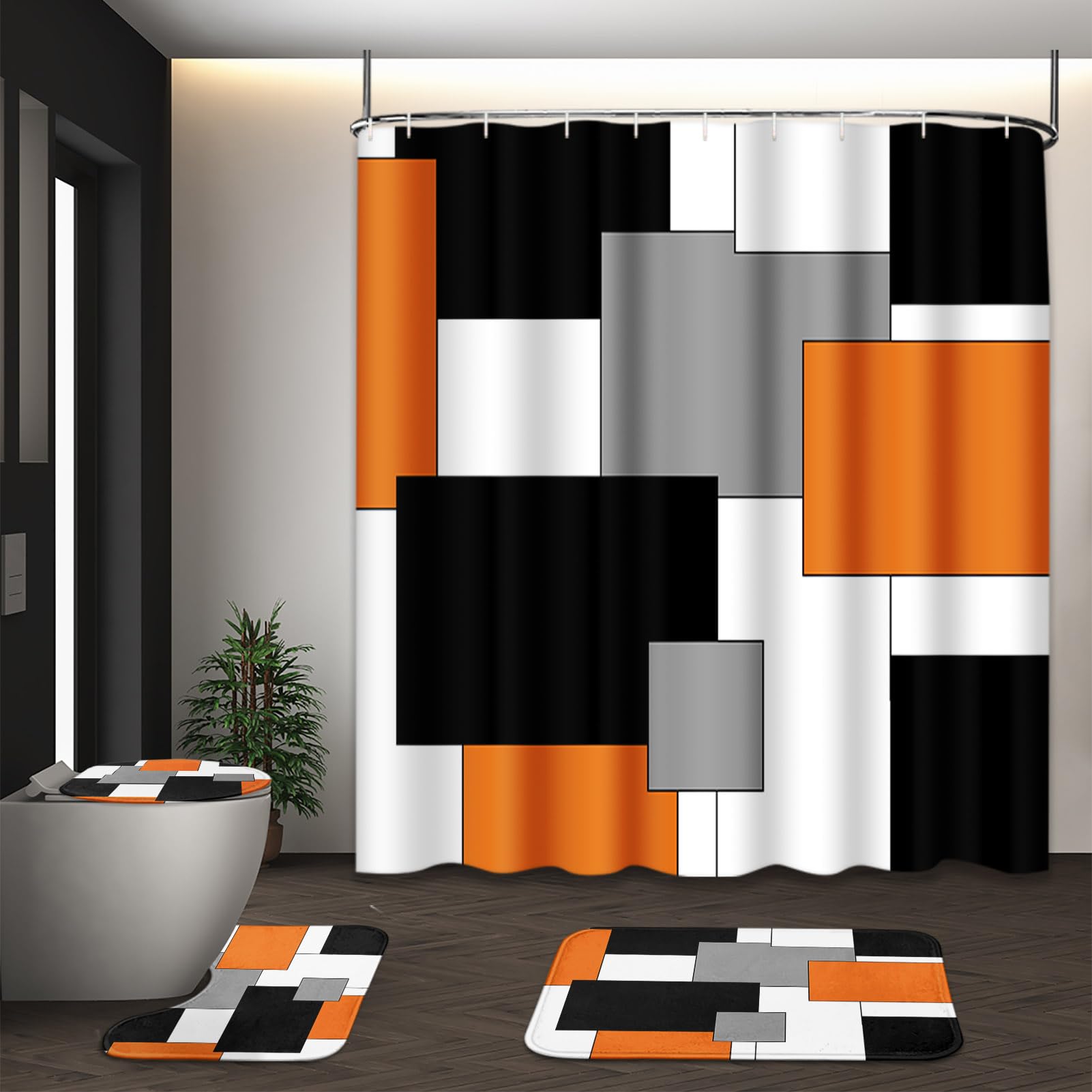 Tayney Orange Geometric Shower Curtain Set With Toilet Lid Cover And Non-Slip Rugs For Bathroom, Black White Grey Checkered 4 Pc