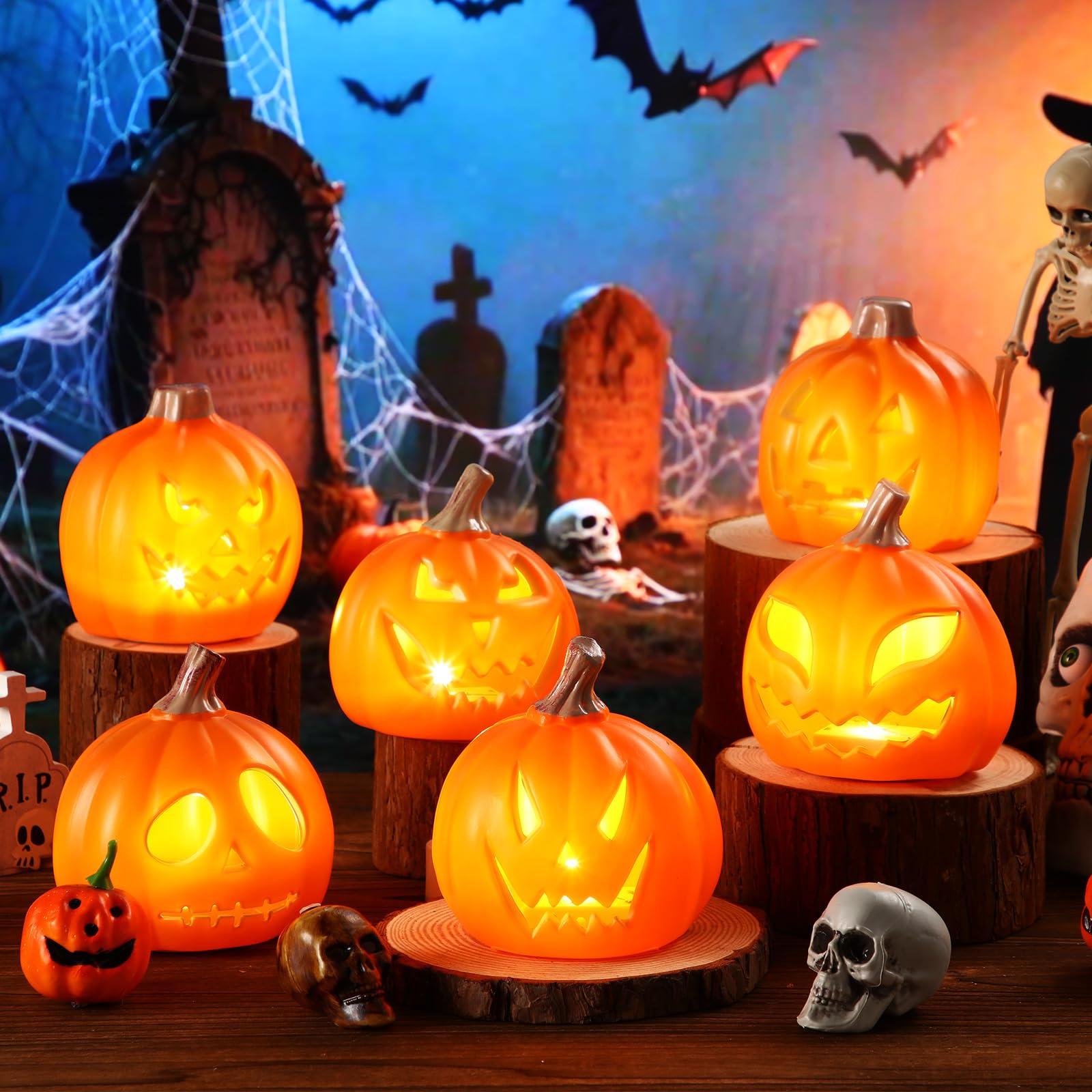 Pinkunn 6 Pcs Light up Jack O Lantern Halloween Pumpkin Lights Scary Glowing Plastic Pumpkin Lamp 5.25 Inch Halloween Props with