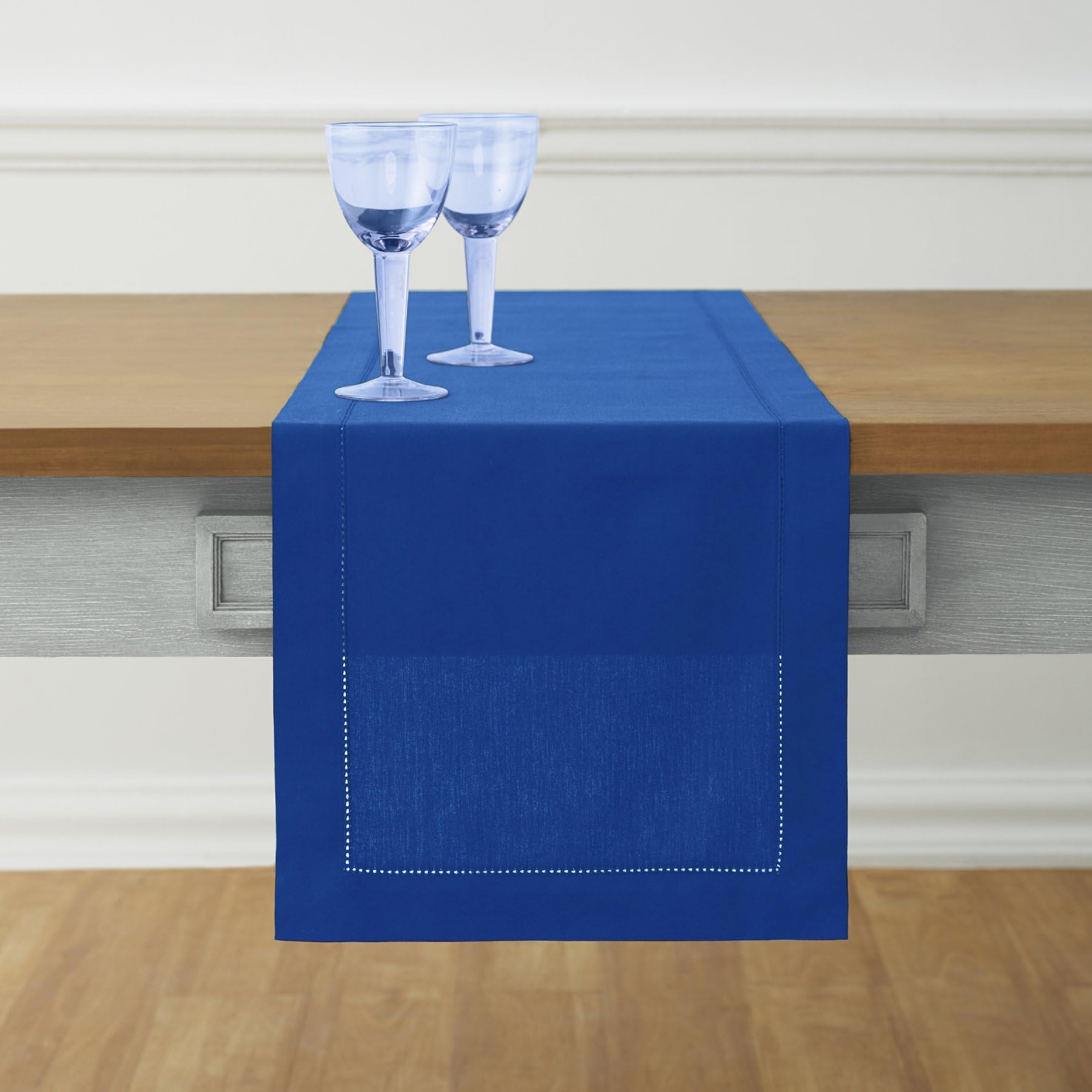 Solino Home Blue Table Runner 36 Inch - Cotton Linen Hemstitch Christmas Table Runner 14 X 36 Inch - Machine Washable Scarf Dini