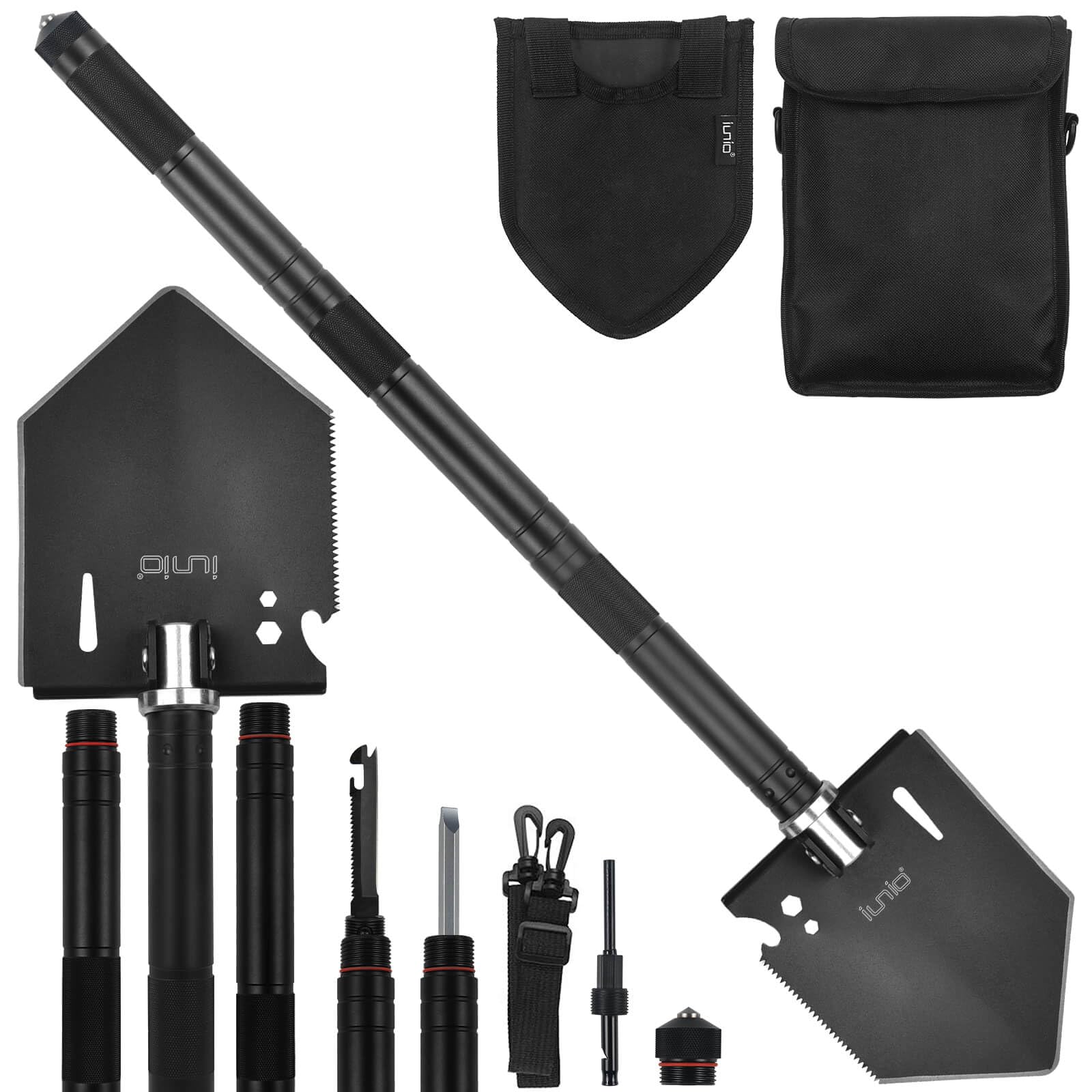 iunio 28in Folding Survival Shovel, Heavy-Duty Carbon Steel Military Entrenching Tool for Disaster Recovery, Car Emergency,Campi