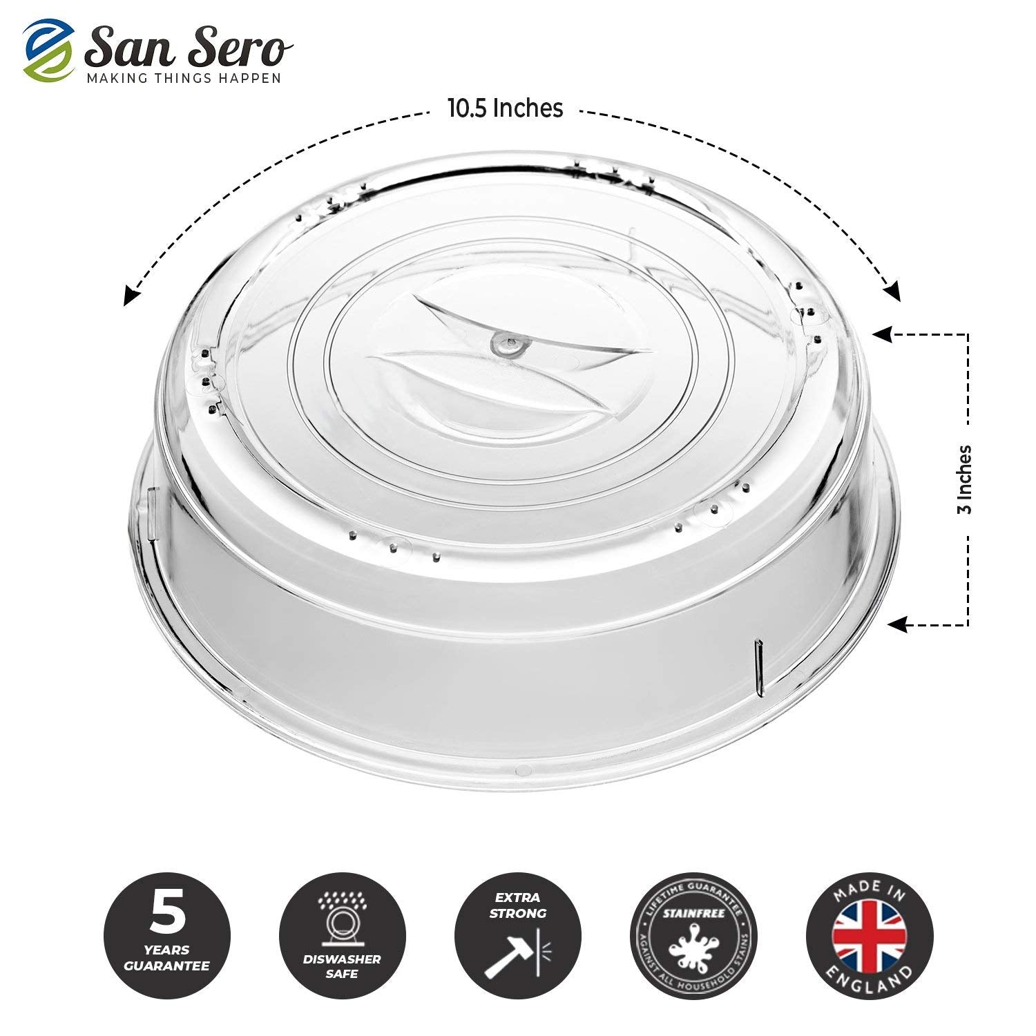 San Sero Vented Microwave Cover 10.5'' British Made Splatter Guard Save 66% Energy Clear Plate Cover Easy Grip Handle Anti-Splat
