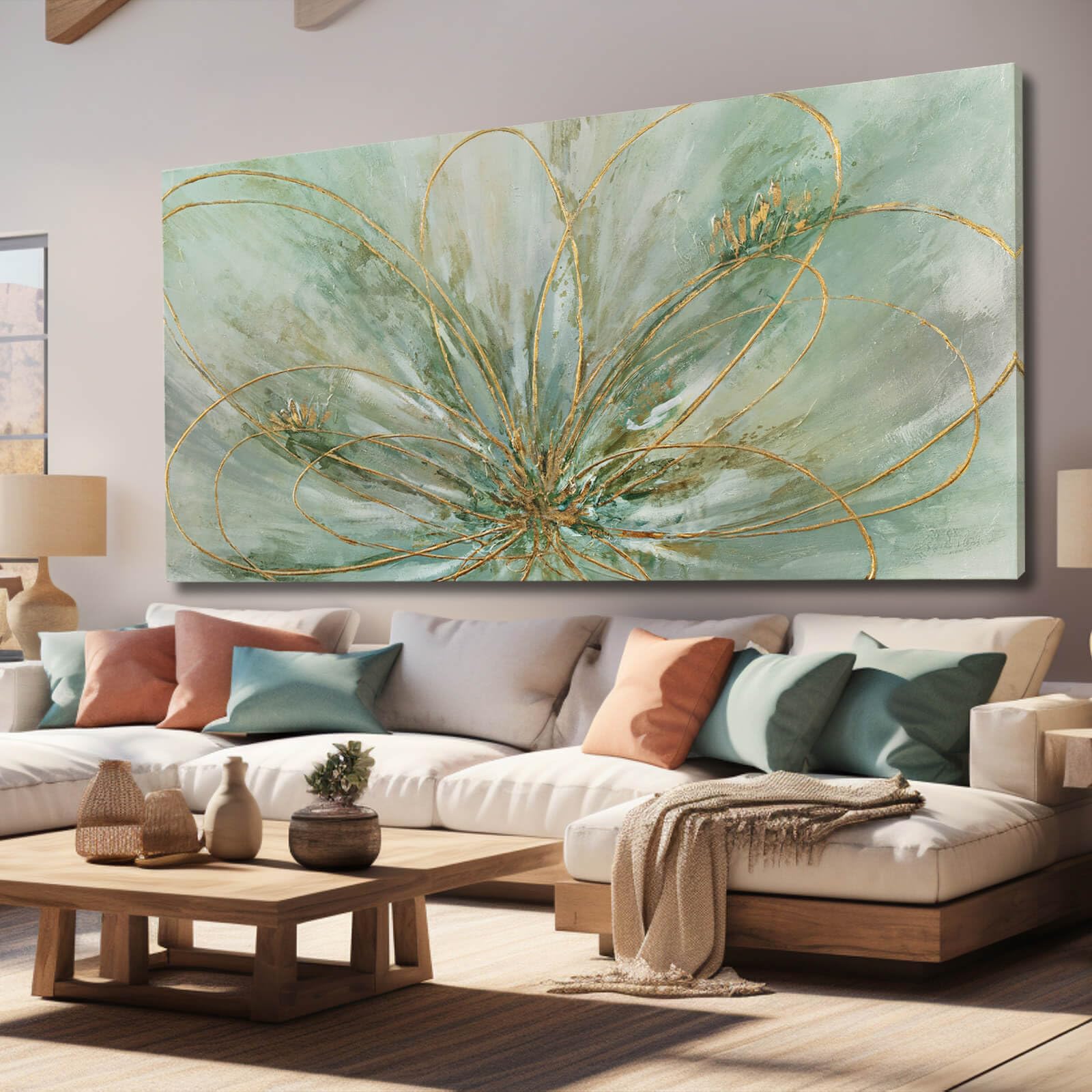 Yjyart Abstract Wall Art Green And Gold Hand Painted Oil Painting Blossom Botanical Large Picture For Living Room Bedroom Kitche