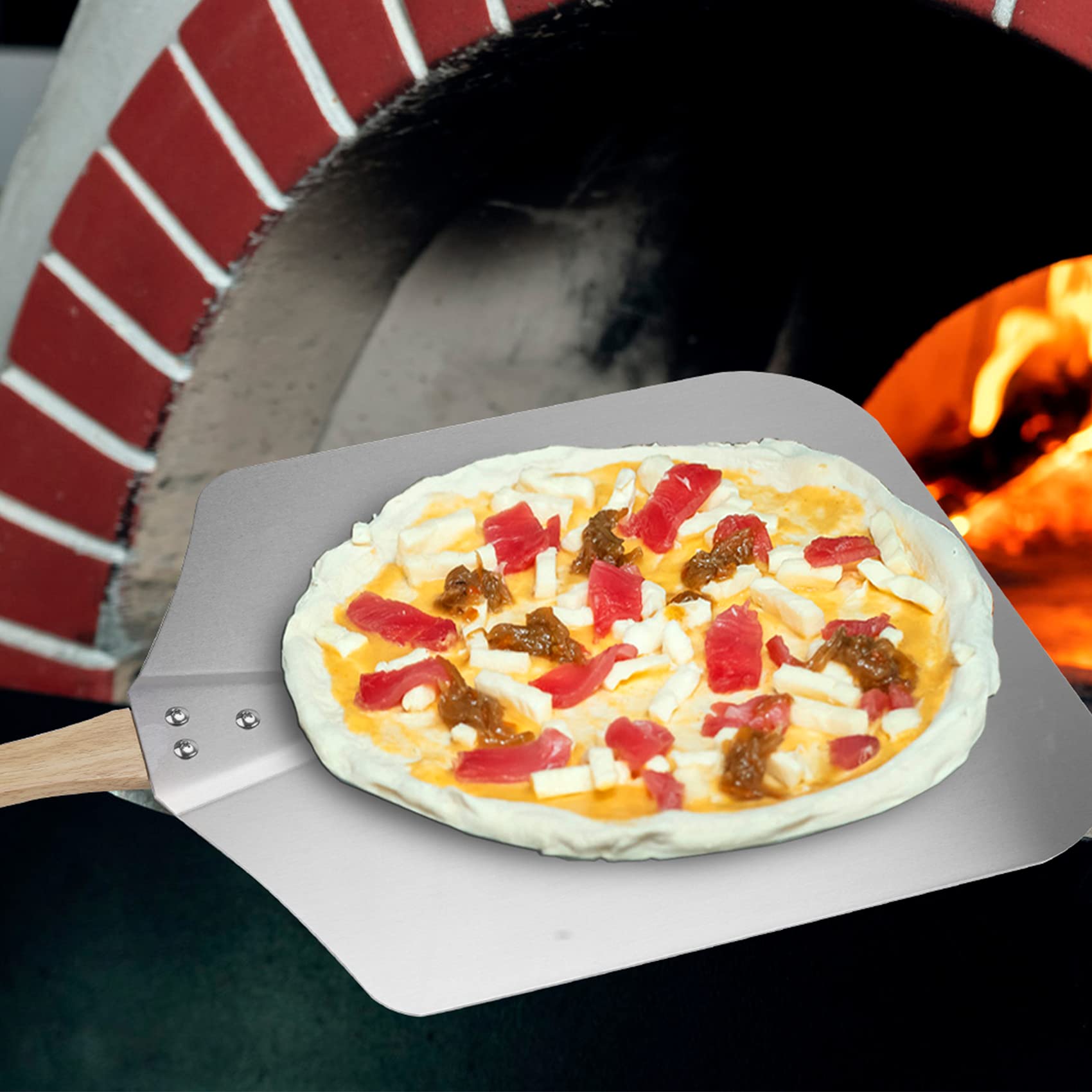 Skyflame Kitchen Supply Aluminum Pizza Peel With Wooden Handle 12 Inch X 14 Inch, Pizza Paddle For Baking Homemade Pizza Bread