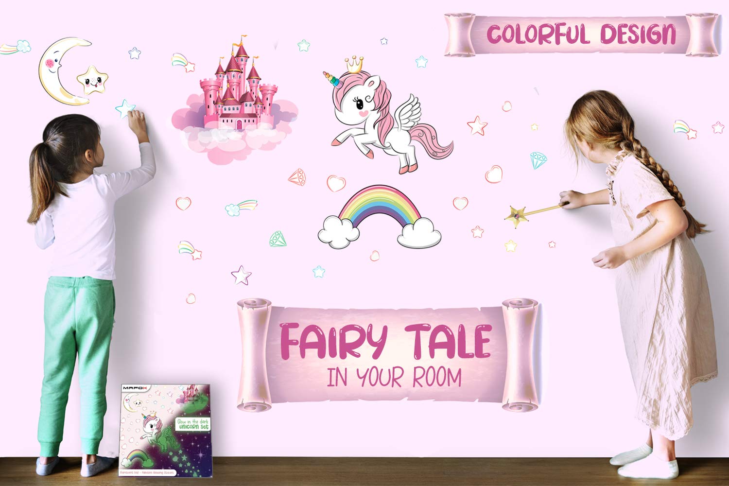Glow In The Dark Stars, Glowing Unicorn Sets With Castle Moon And Rainbow Wall Decals For Kids Bedding Room, Great For Birthday