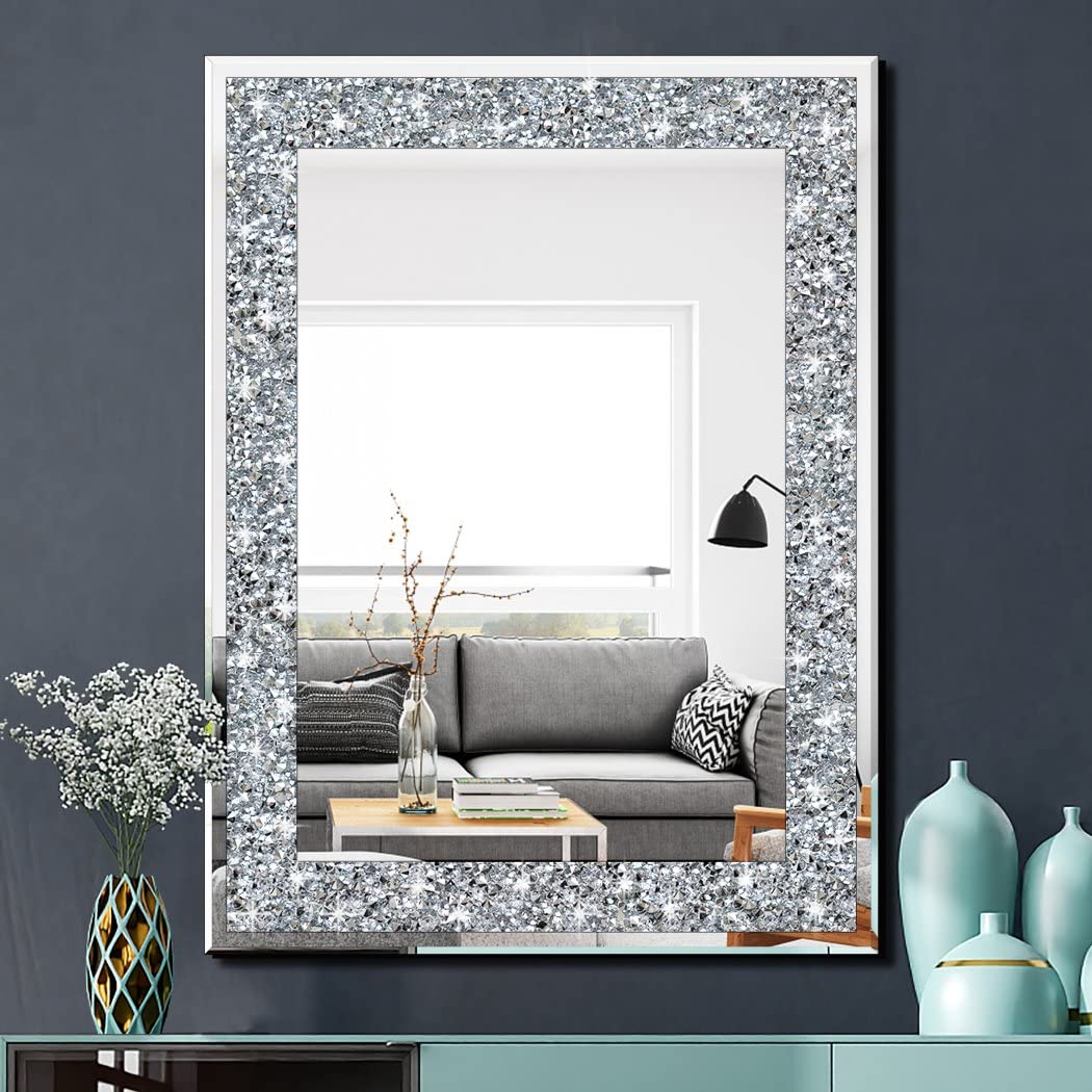 QMDECOR Crystal Crush Diamond Rectangle Silver Mirror for Wall Decoration 24x32inch Wall Hang Frameless Mirror Acrylic Diamond D