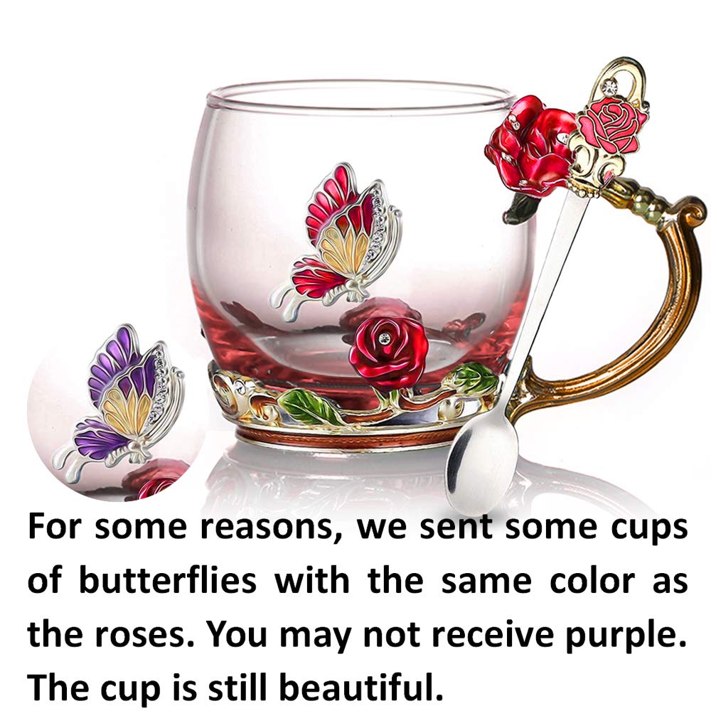 Tea Cup Glass Coffee Mugs Enamel Rose Flower Butterfly Drinking Cups With Spoon Set Unique Gifts For Birthday Wedding Christmas