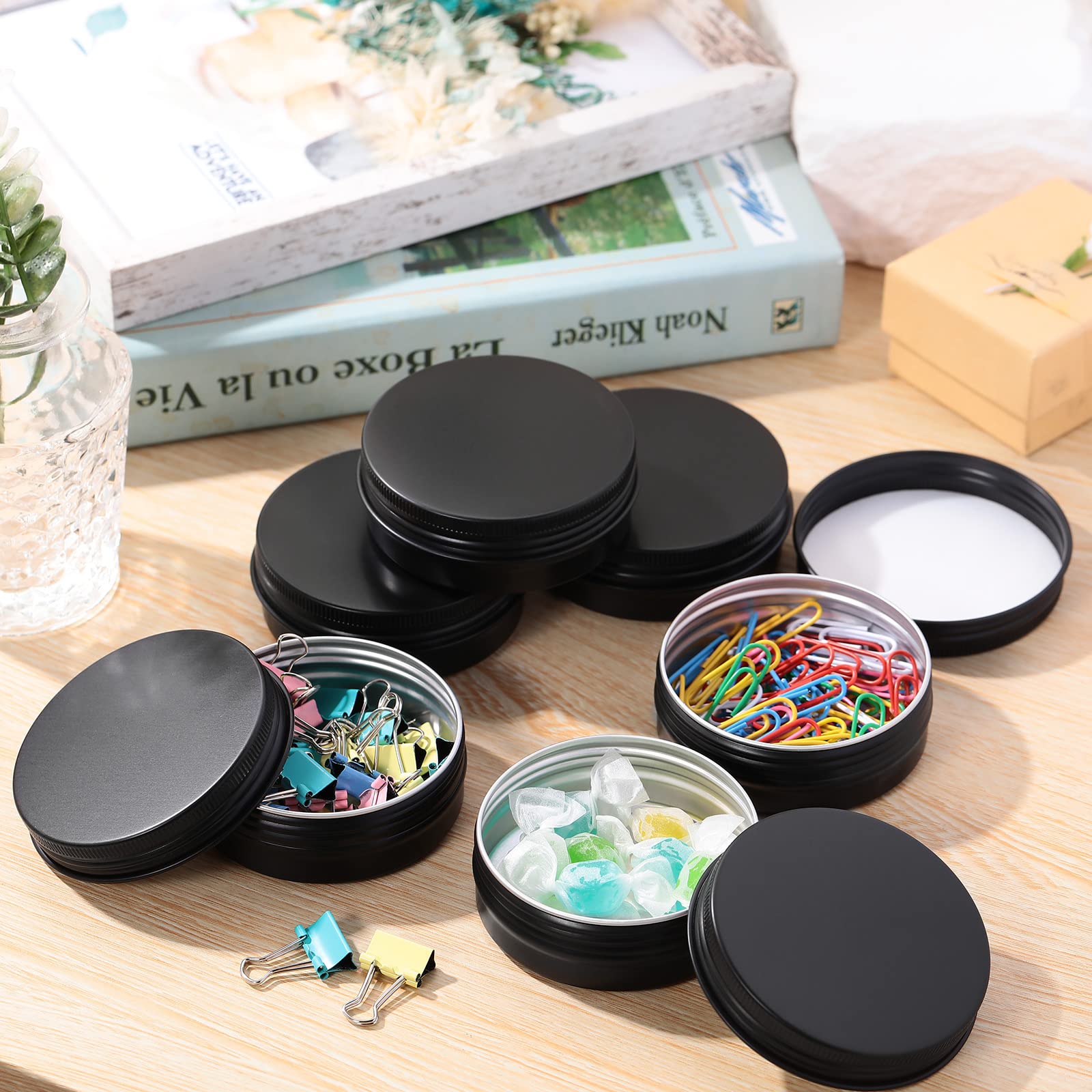 Therwen 96 Pcs 2 Oz Aluminum Tin Jars Containers Metal Leak Proof Cosmetic Tin Jars Containers Round Screw Lids Lip Balm Contain