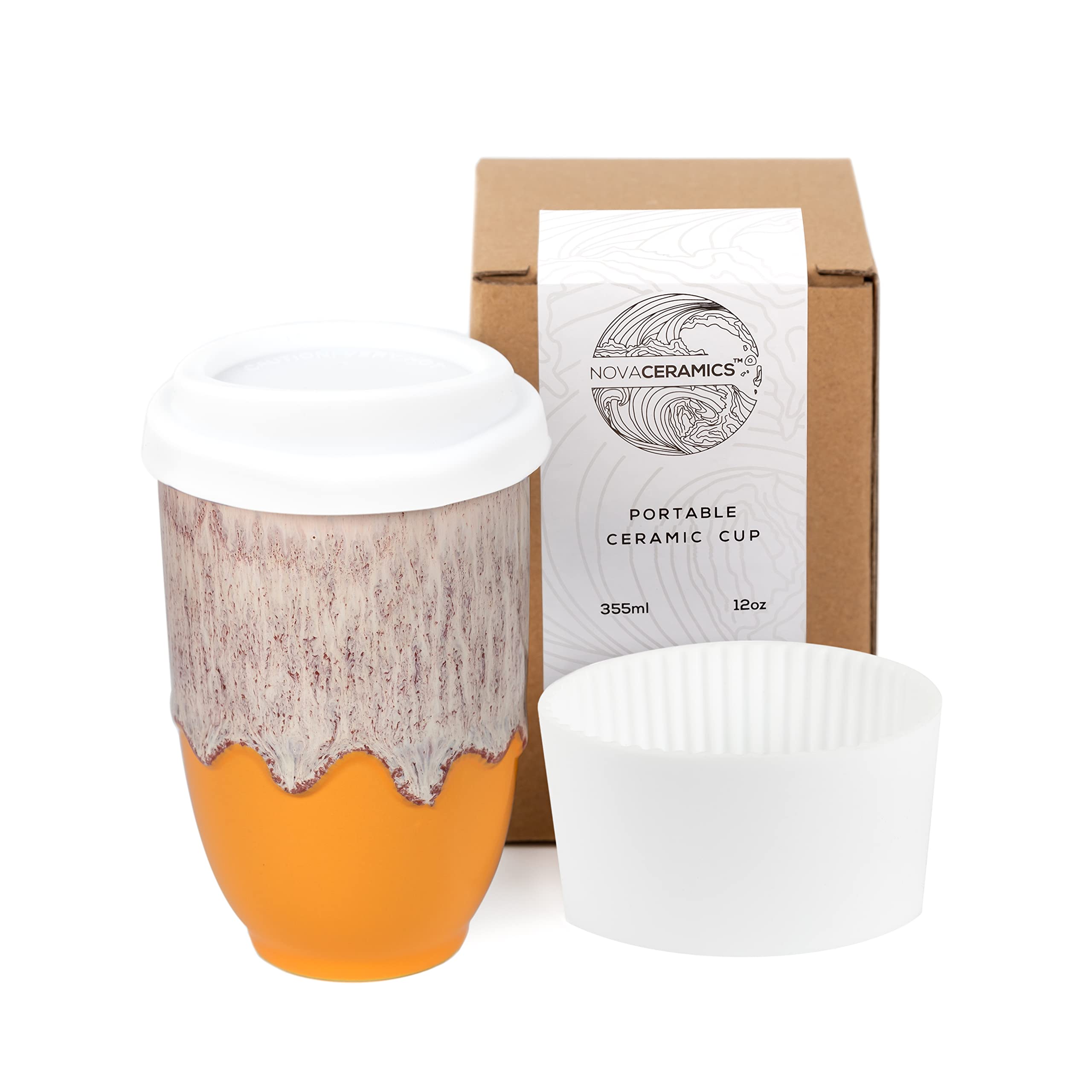 NOVA CERAMICS Grapefruit 12oz Travel Mug - To Go Coffee Tumbler With Lid - Microwave & Dishwasher Safe - Unique Design - Modern 