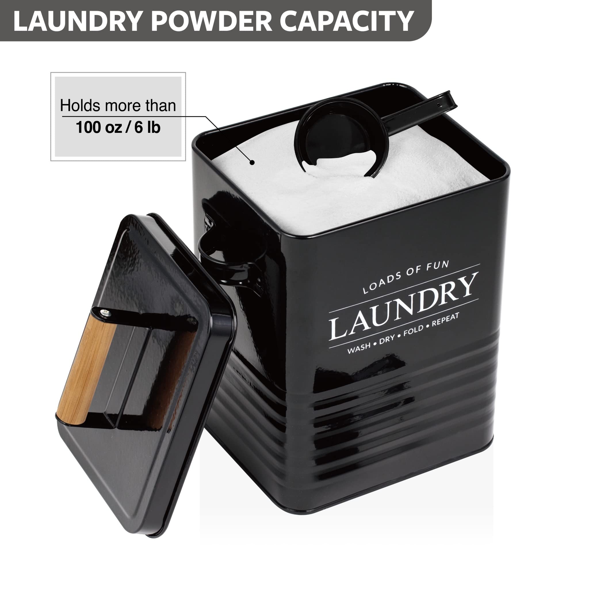 Calindiana Modern Farmhouse Metal Laundry Soap Dispenser Container Holder with Scoop for Laundry Room Decor and Space Saving Laundry Room Organization and Storage  Laundry Powder Container  Black