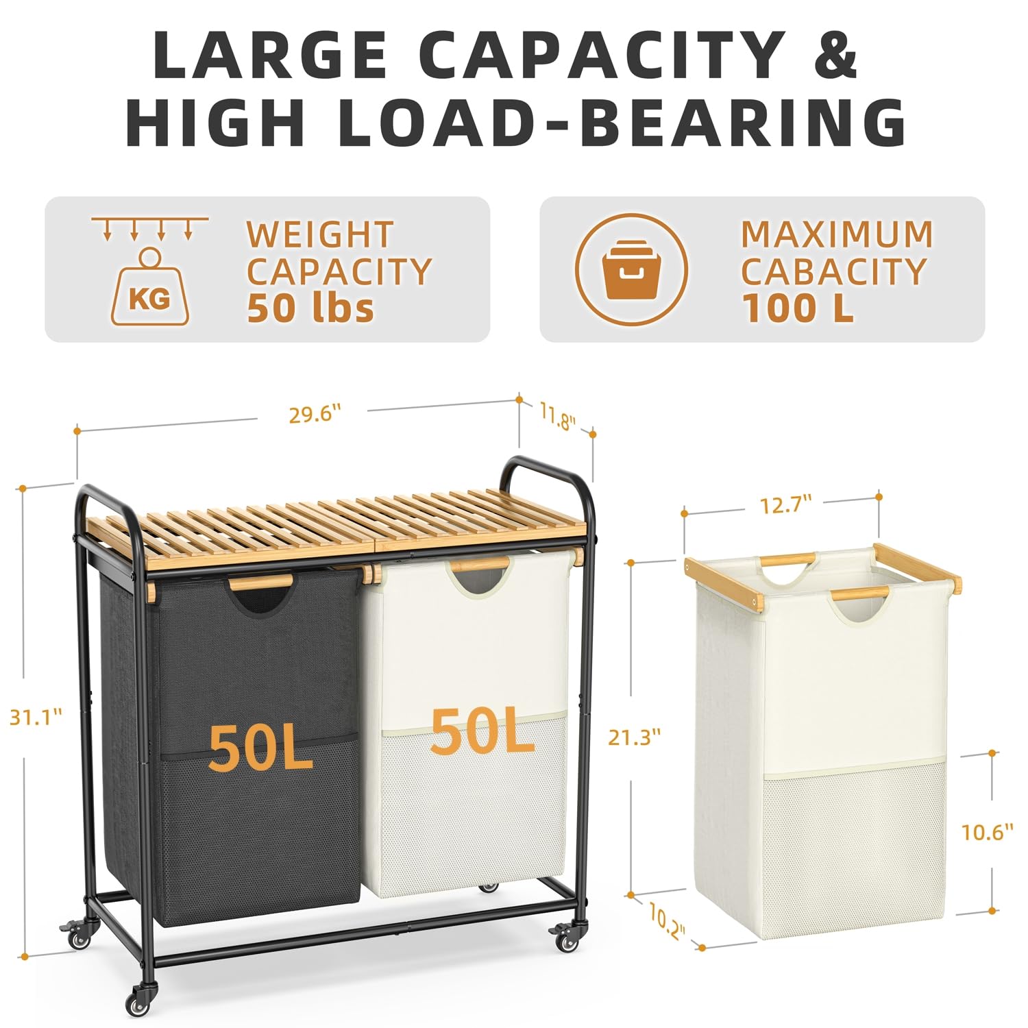 Laundry Hampers 2 Section, Laundry Sorter With Removable Shelf And Pull-Out Bags, Clothes Hampers With Wheels Rolling Cart Baske