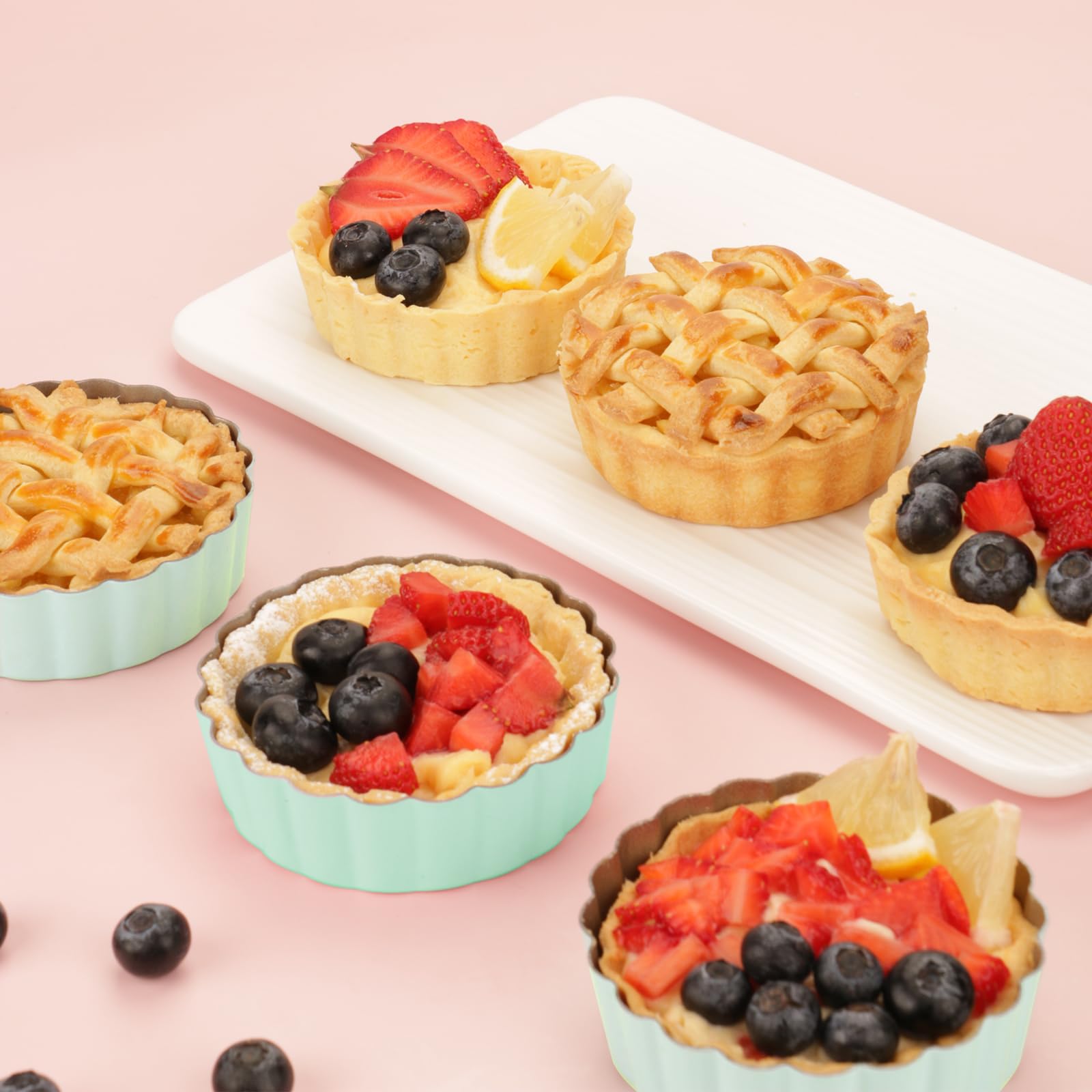 Lifvcnt Mini Tart Pan With Tamper, Non-Stick 4-Inch Carbon Steel Mini Pie Pan For Baking, Green Mini Quiche Pan Tin Shell Mold W