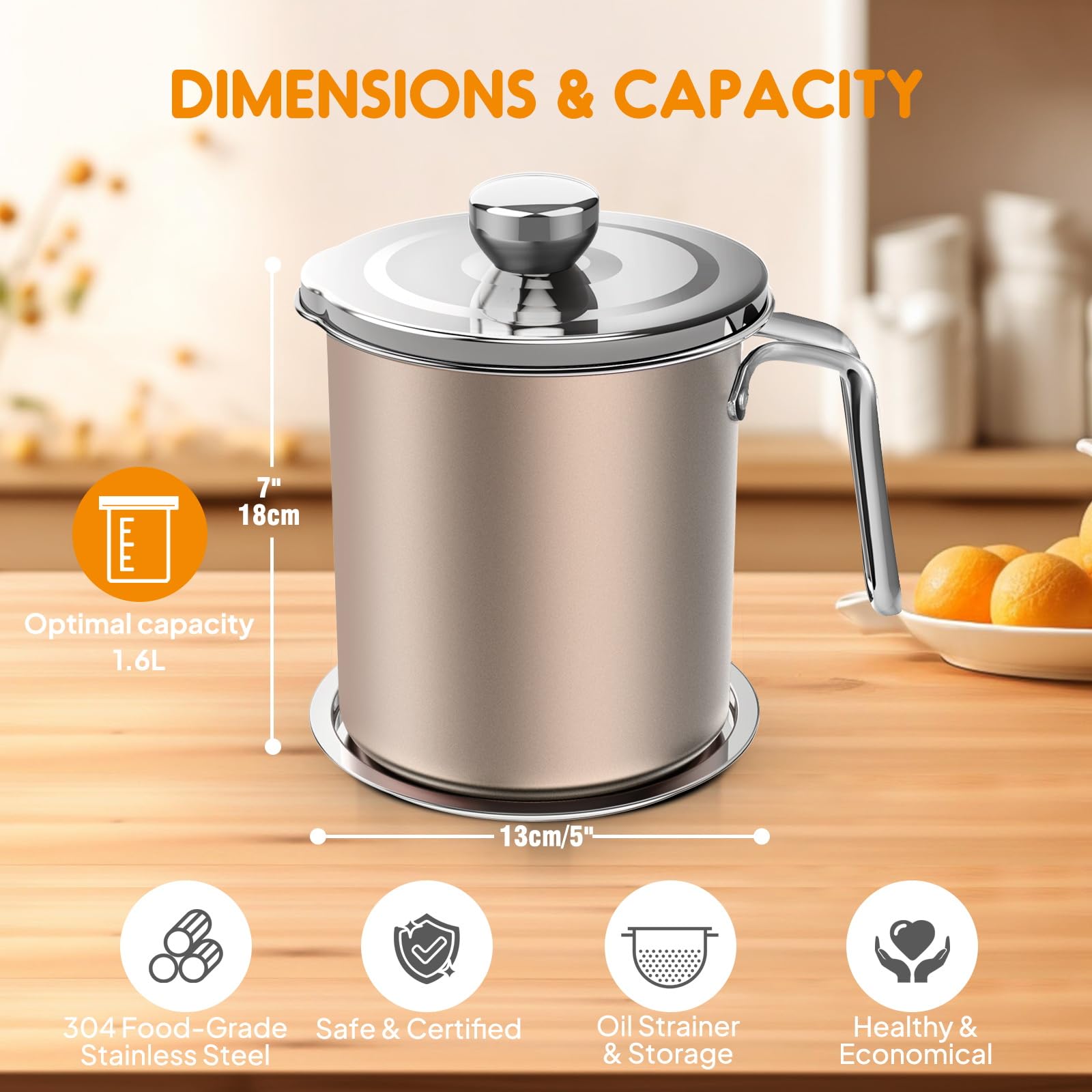 Chihee Grease Container Stainless Steel Bacon Grease Saver With Fine Mesh Strainer 2L / 67.6 Fl Oz Oil Container Grease Can With