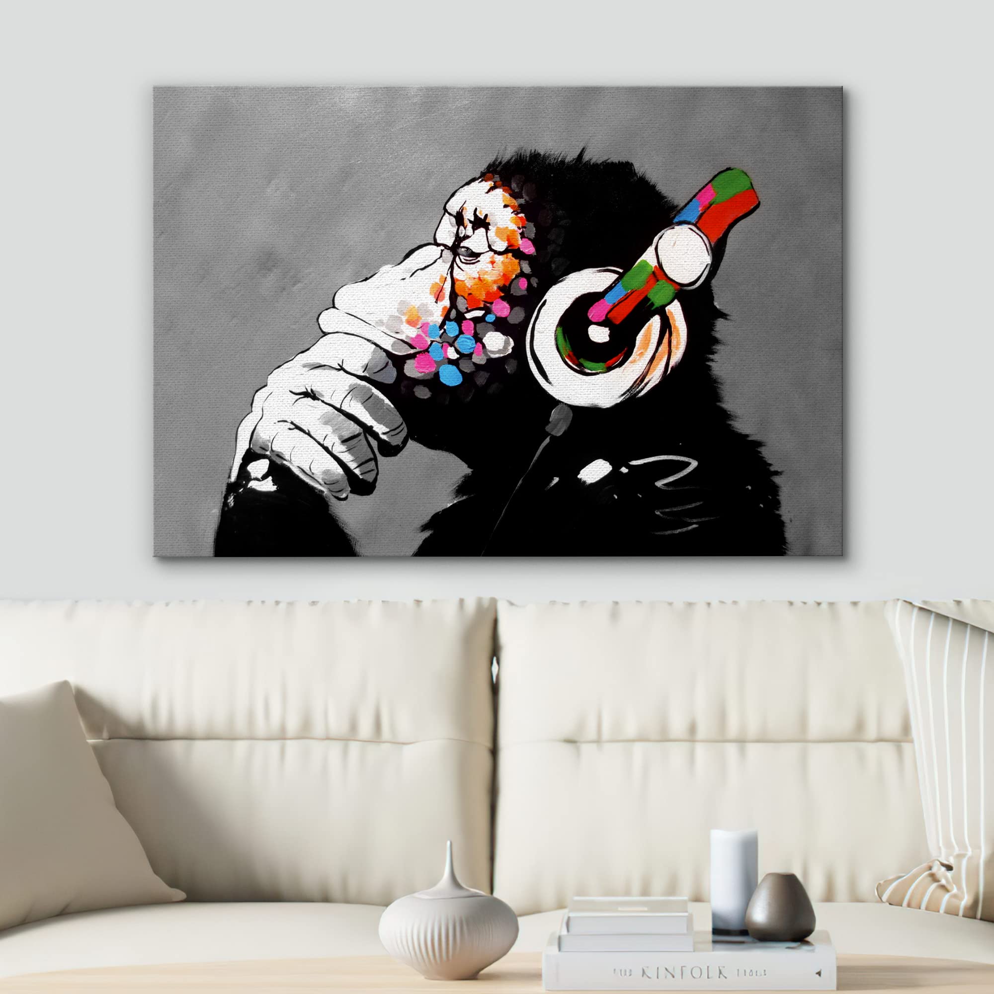 Signwin Framed Canvas Wall Art Banksy Thinking Monkey With Headphones Graffiti & Street Art Famous People Pop Art Modern Urban M