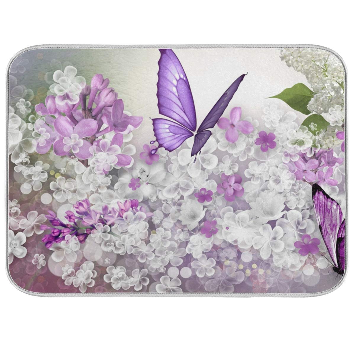 Butterflies Flowers Purple Dish Drying Mat For Kitchen, Absorbent Microfiber Drying Pad Dish Mat, 16'' X 18''