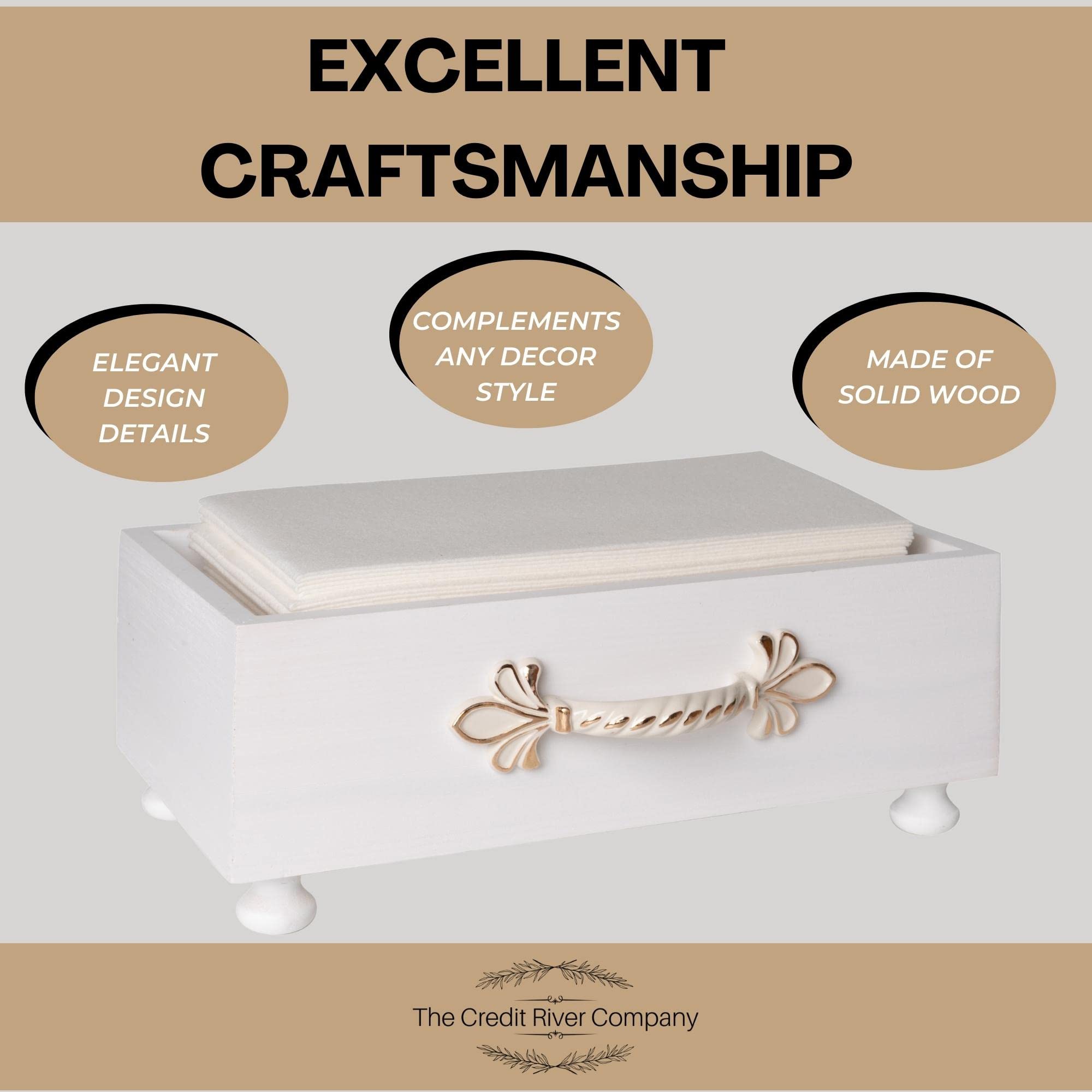 The Credit River Company Guest Towel Holder Tray - White Wood Bathroom Napkin Holder for Disposable Towels