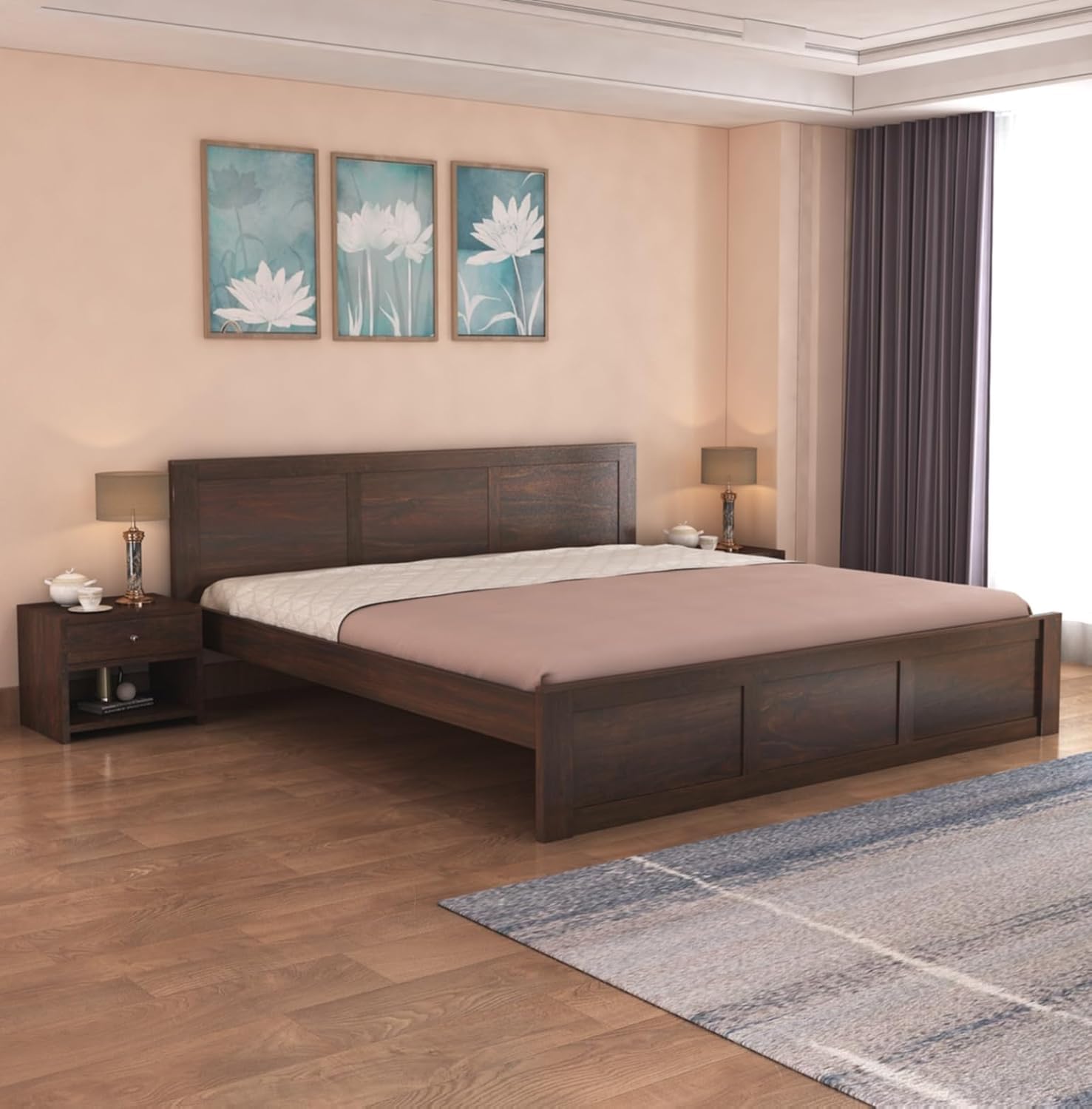 Sheeshamweave Sheesham Wood Queen Size Bed Without Storage | Wooden Double Bed Cot Palang With Headboard For Bedroom, Guest Room