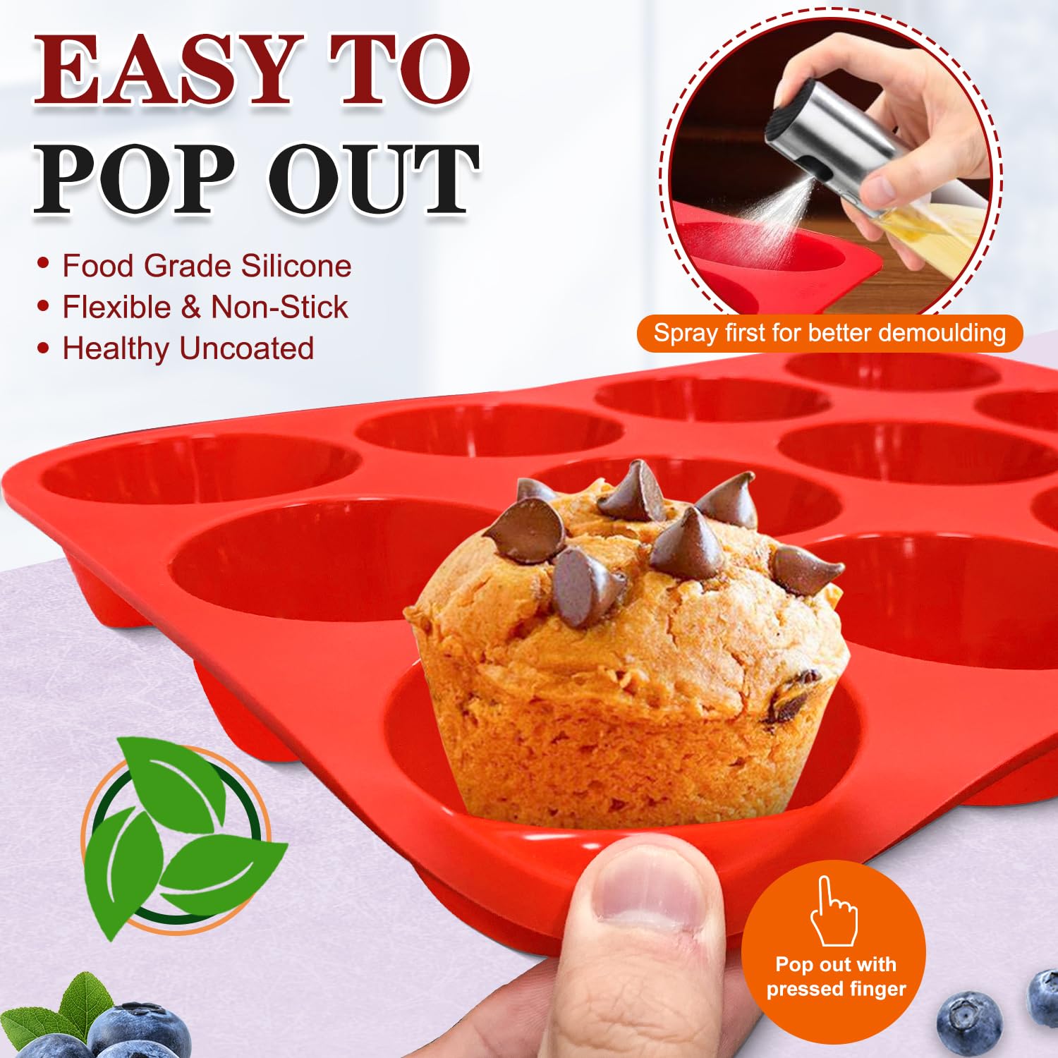 Walfos Silicone Muffin Pan - 12 Cups Regular Silicone Cupcake Pan, Non-Stick Silicone Great For Making Muffin Cakes, Tart, Bread