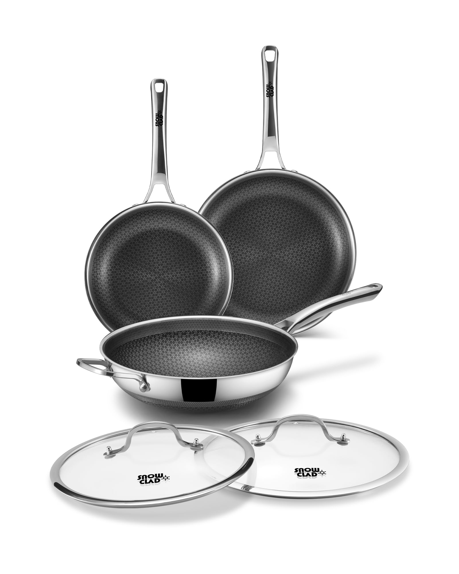 DOTCLAD 3-Piece Hybrid Stainless Steel Cookware Set-12 Inch Wok with Lid,10 Inch Frying Pan,12 Inch Skillet with Lid-Non Stick,P