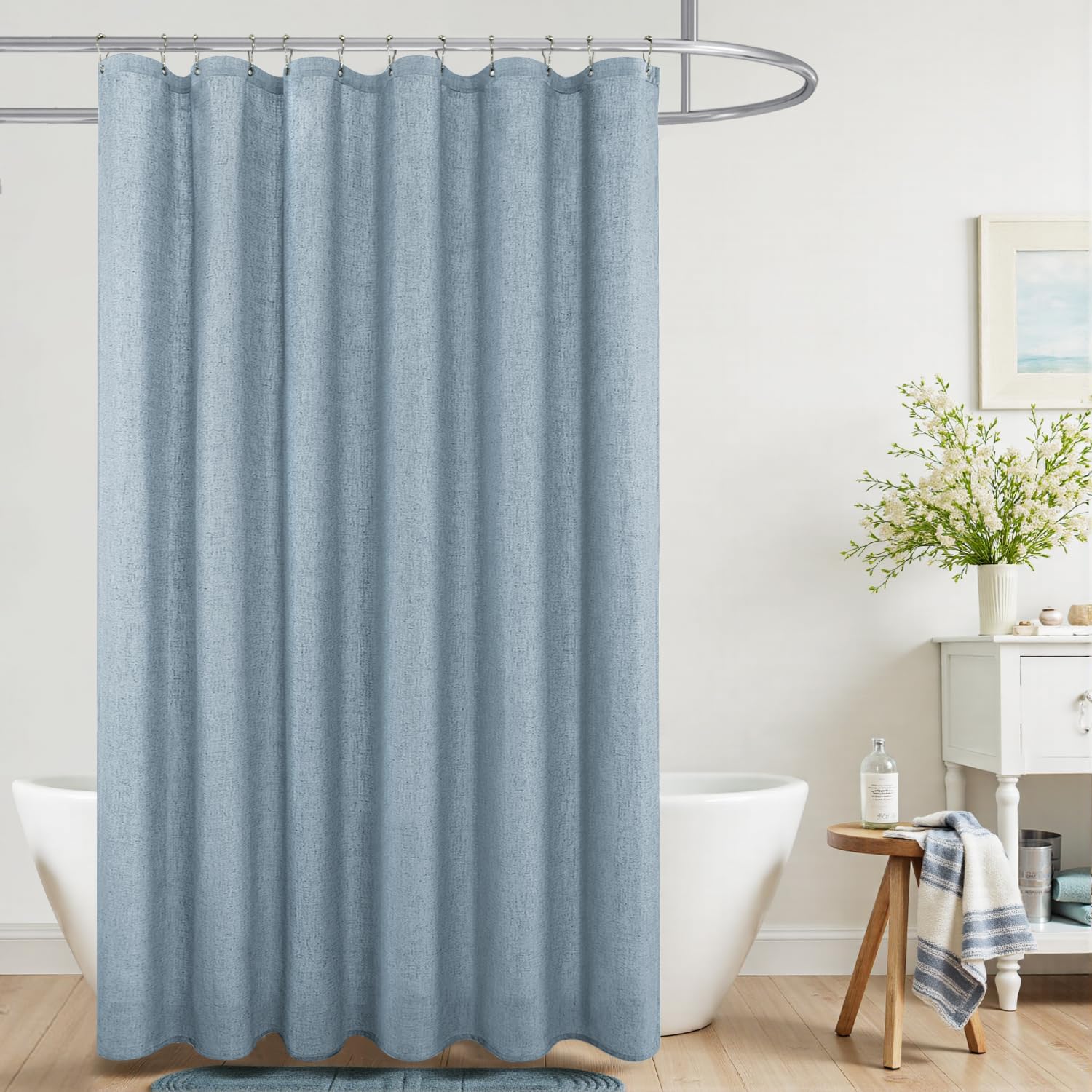 KOUFALL Light Blue Shower Curtain Liner Linen Fabric Waterproof Washable Pretty Boho Vintage Shower Curtains for Bathroom Decor with Hooks 72 x 72 Inch Stone Dusty Grey Blue